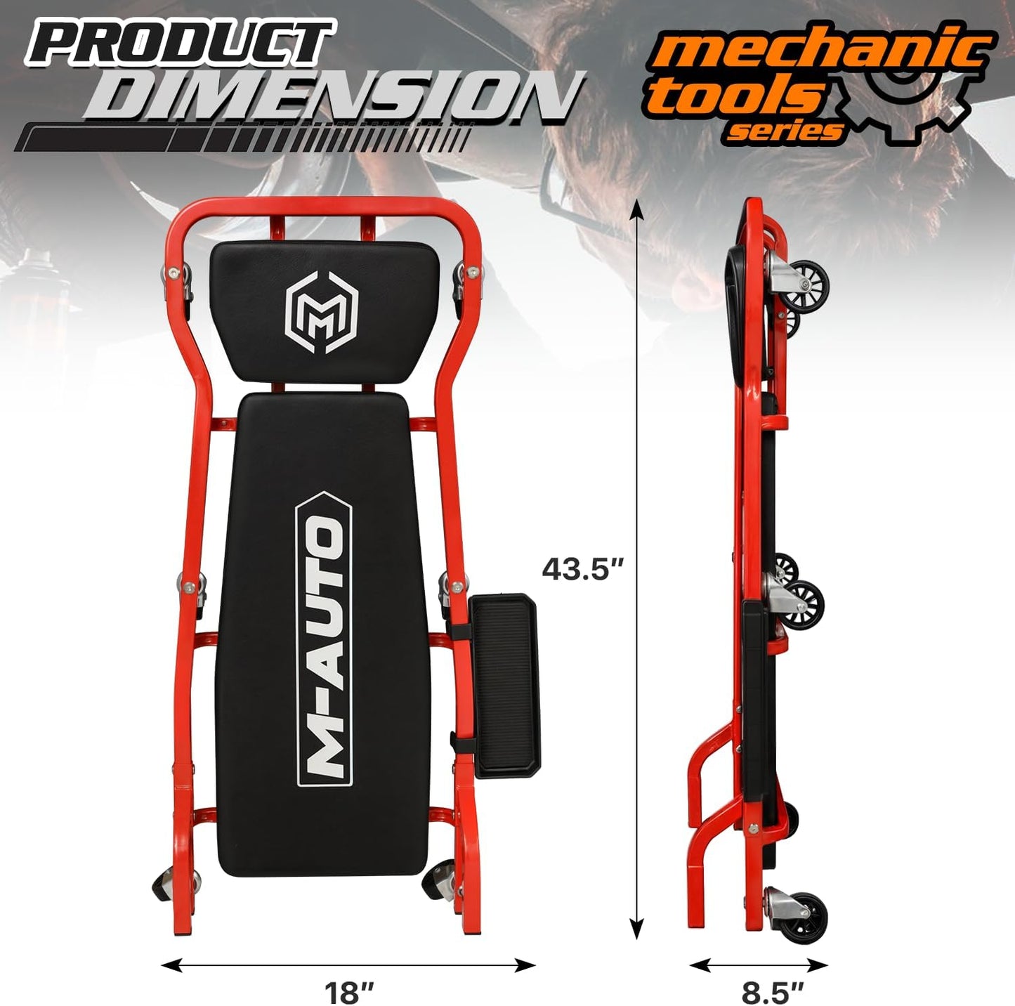 M-AUTO Heavy-Duty Automotive Creeper with 3-leves Adjustable Headrest, 42.5" Padded Metal Frame Creeper with Tools Tray for Garage Shop, 6 Noiseless Casters 300LBS Capacity, Red