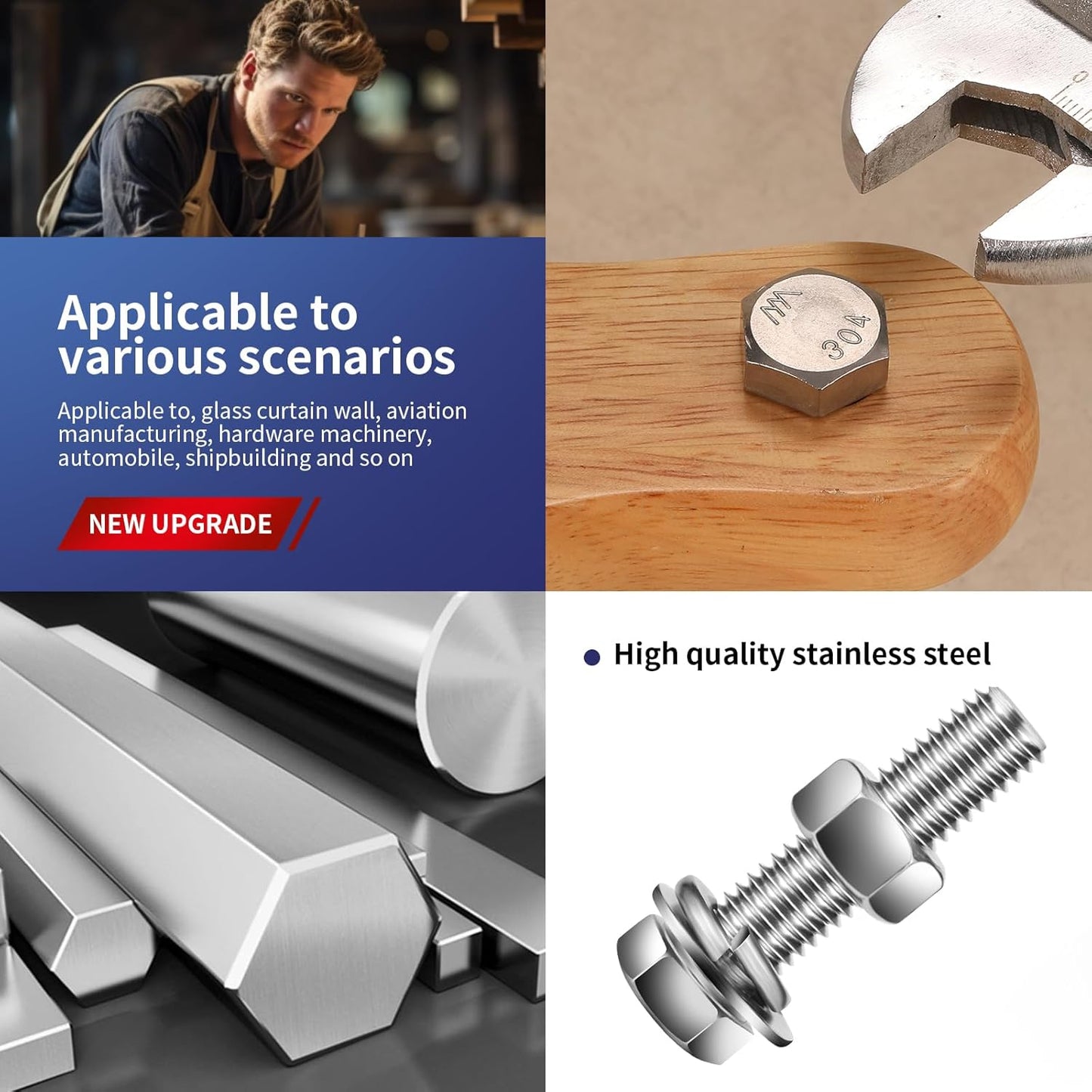 1/4-20 x 1" Hex Head Screw Bolt, Nuts, Flat & Lock Washers, 10Pcs 18-8 (304) Stainless Steel, Fully Threaded, by SG TZH