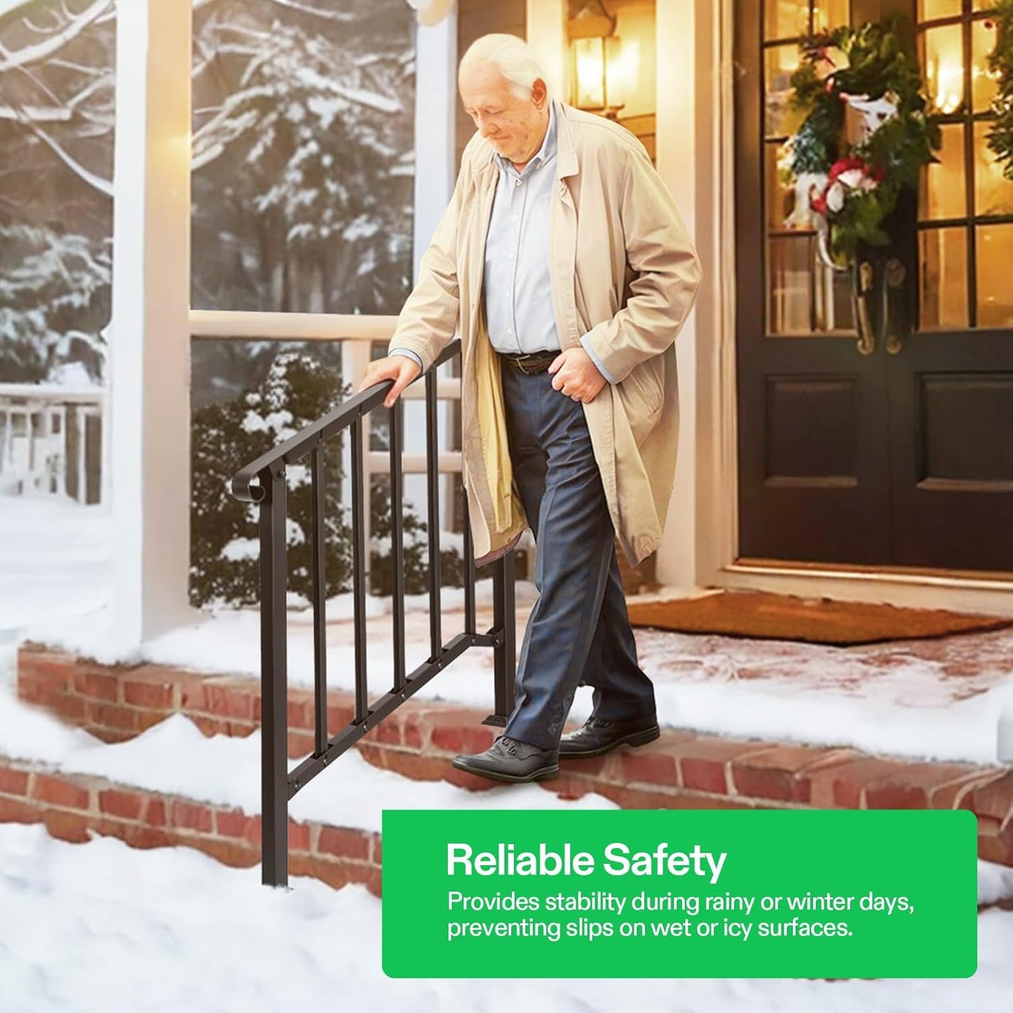 VIVOSUN Outdoor Handrail, 3 Step Stair Handrail, 40" x 36" Fits 1 to 3 Steps, Wrought Mattle Iron Stair Railing with Curved End and Balusters for Concrete Step, Porch Steps, One-Step Assembly, Black