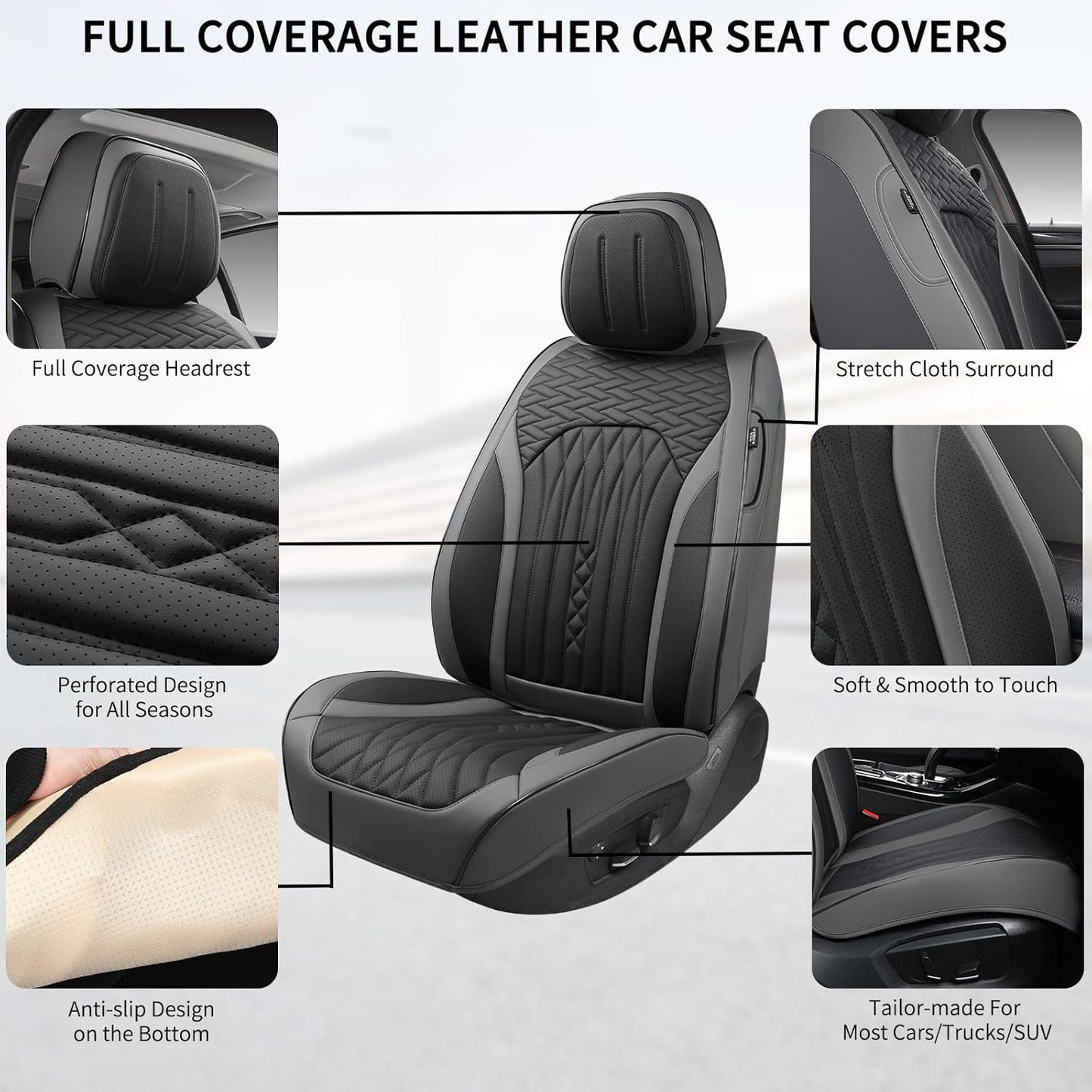 Car Seat Covers Full Set, Leather Seat Covers for Cars, Car Seat Protector Waterproof, Non-Slip Car Interior Covers Fit for Most Cars, SUV, Vans, Trucks,2Seaters,Full Set,Gray-Black,COMFDRIVE-A03