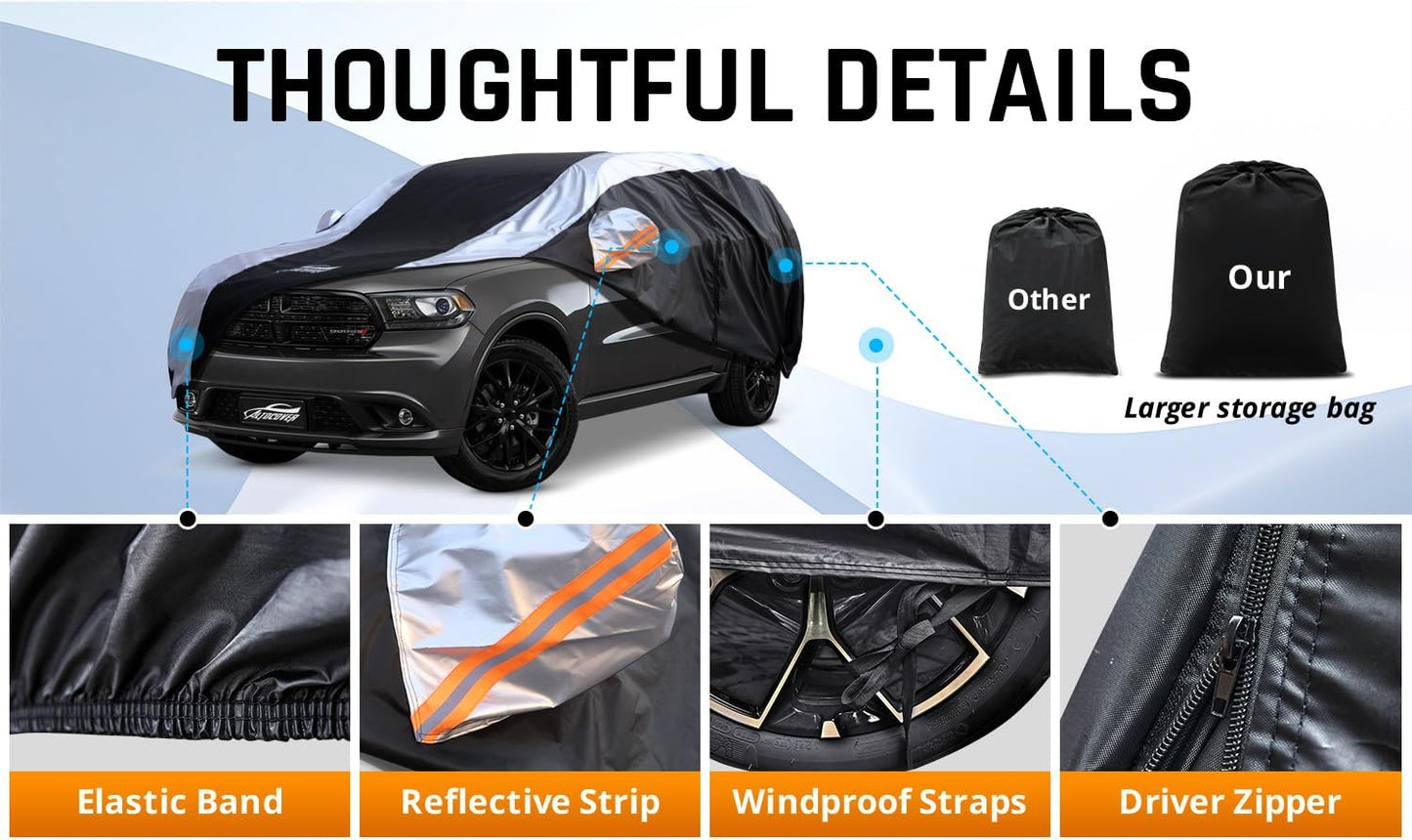 Dodge Durango Car Cover Waterproof All Weather with Silver Strip Design, Custom Fit for Dodge Durango 2005–2025, Durango Accessory with Door Zipper & Windproof Straps
