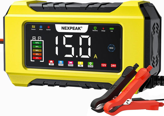 NEXPEAK NC215 15-Amp Battery Charger, Trickle Charger Car Battery Charger 12V 24V LiFePO4 Lead Acid Portable 9-Stage Smart Battery Maintainer w/Temp Compensation for Car Truck Lawn Mower Boat Marine