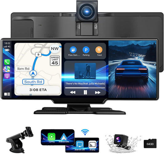 Wireless Carplay Screen for Car, 10.26" Android Auto Screen Compatible with A-pple Carplay, 4K Front & 1080P Rear Cameras Loop Recording, FM, AUX, BT, MirrorLink, Voice Control, Navigation for iOS 10+