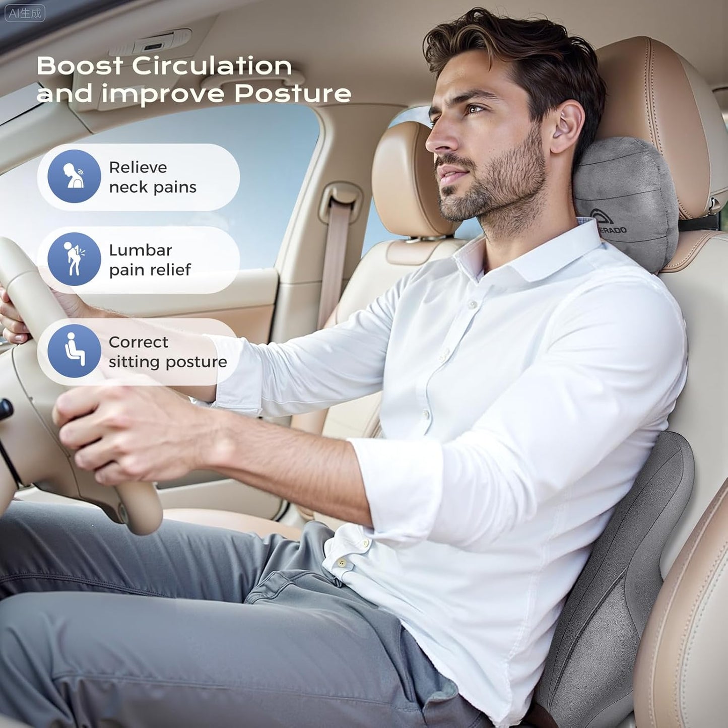 Coverado Car Lumbar Support Pillow and Car Neck Pillow Kit, Ergonomic Design Car Headrest Pillow for Driving, Relax Back Head Muscles Relieve Driving Fatigue, Breathable & Removable Cover, Gray