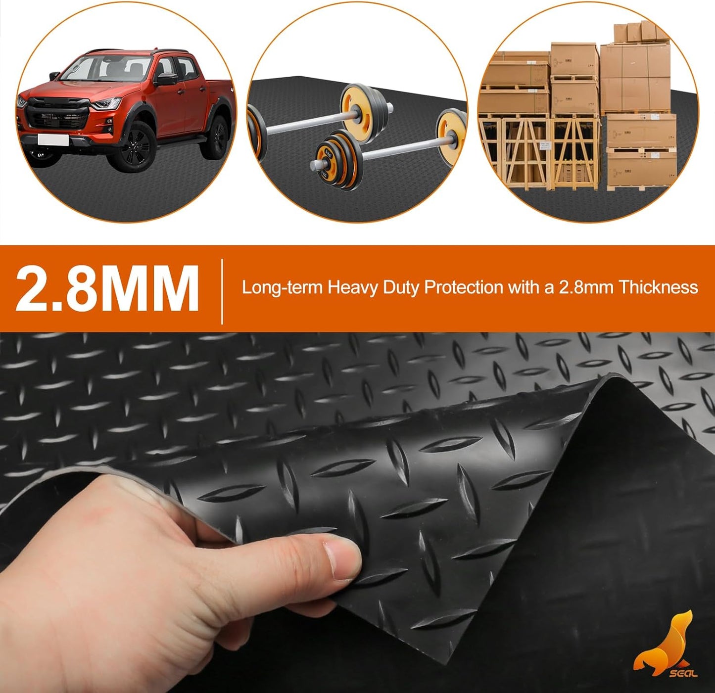 SEAL 6 x 15 Ft Premium Garage Floor Mat, Solid 2.8mm Thickened Black Commercial Grade Heavy Duty Parking Mat for Garage Floor, Golf Cart, Water/Stain Resistant Floor Runner (Embossed Diamond Plate)