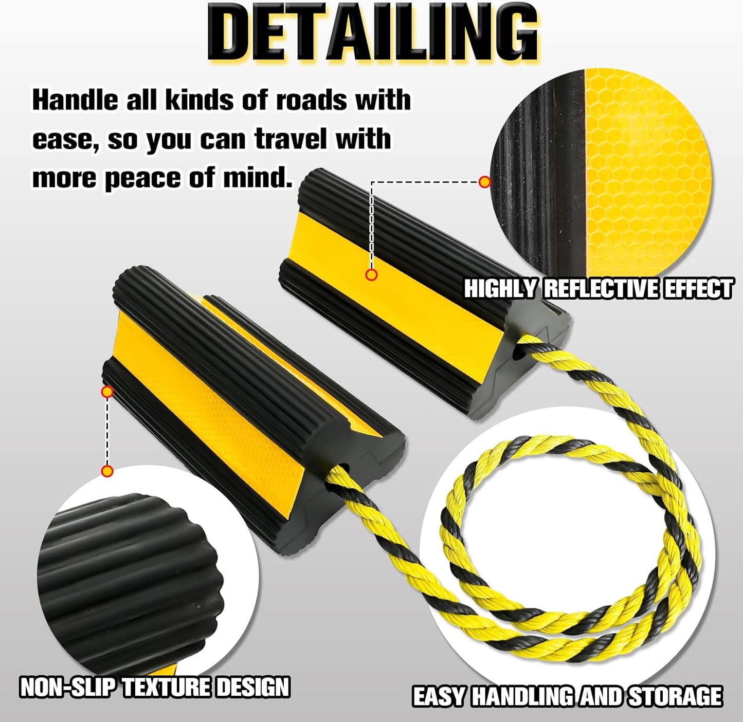 Heavy-Duty Wheel Chocks with Extra-Long Safety Rope (86") - 2-Pack Reflective Rubber Blocks for Trailers, Trucks, Campers & Garage Use (2pair/4pack with Rope)