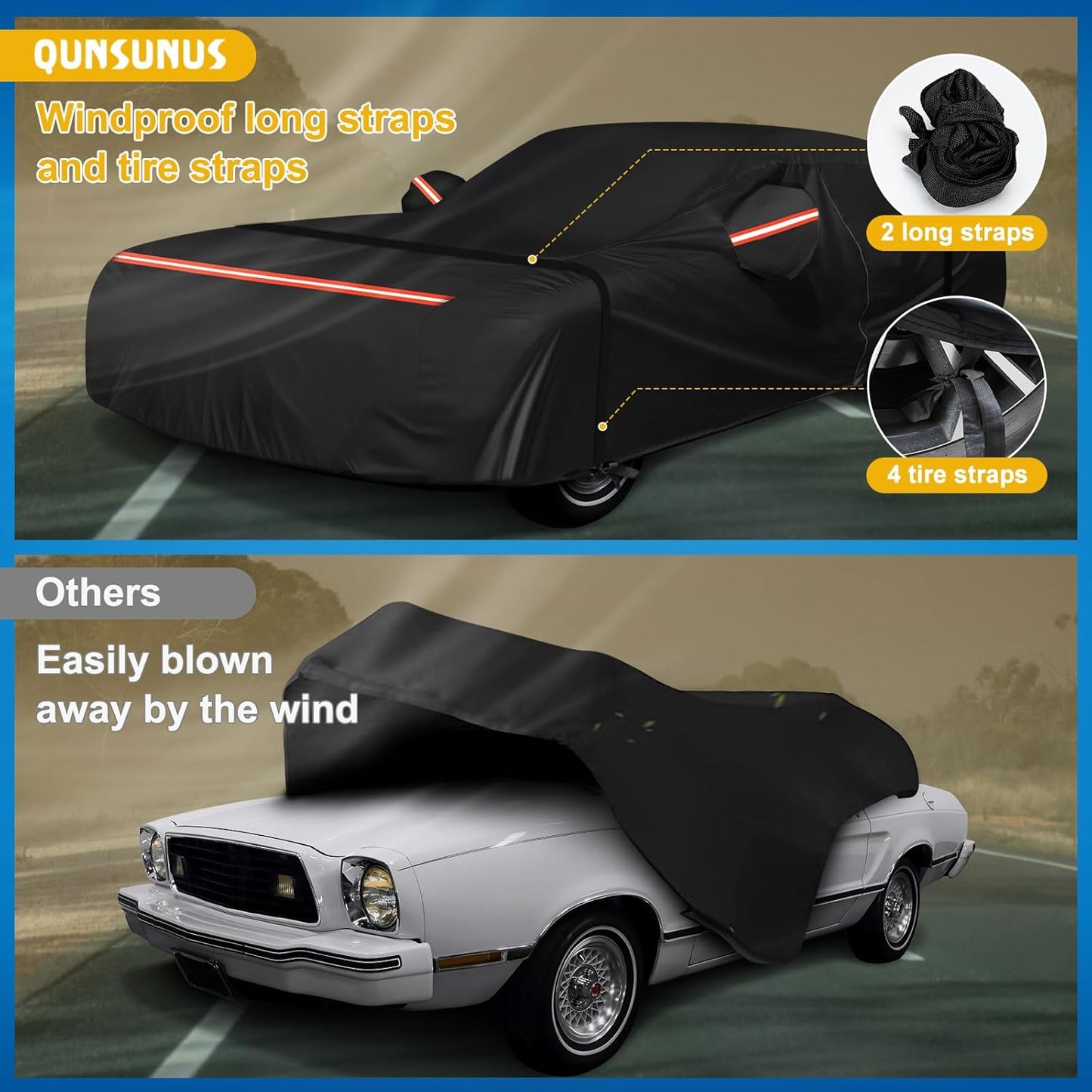 QUNSUNUS Waterproof Car Cover for Ford Mustang 1974-1978, Outdoor Car Covers with Zipper, All Weather Full Exterior Cover with Straps and Elastic Edges for Wind, Sun, UV and Dust Protection