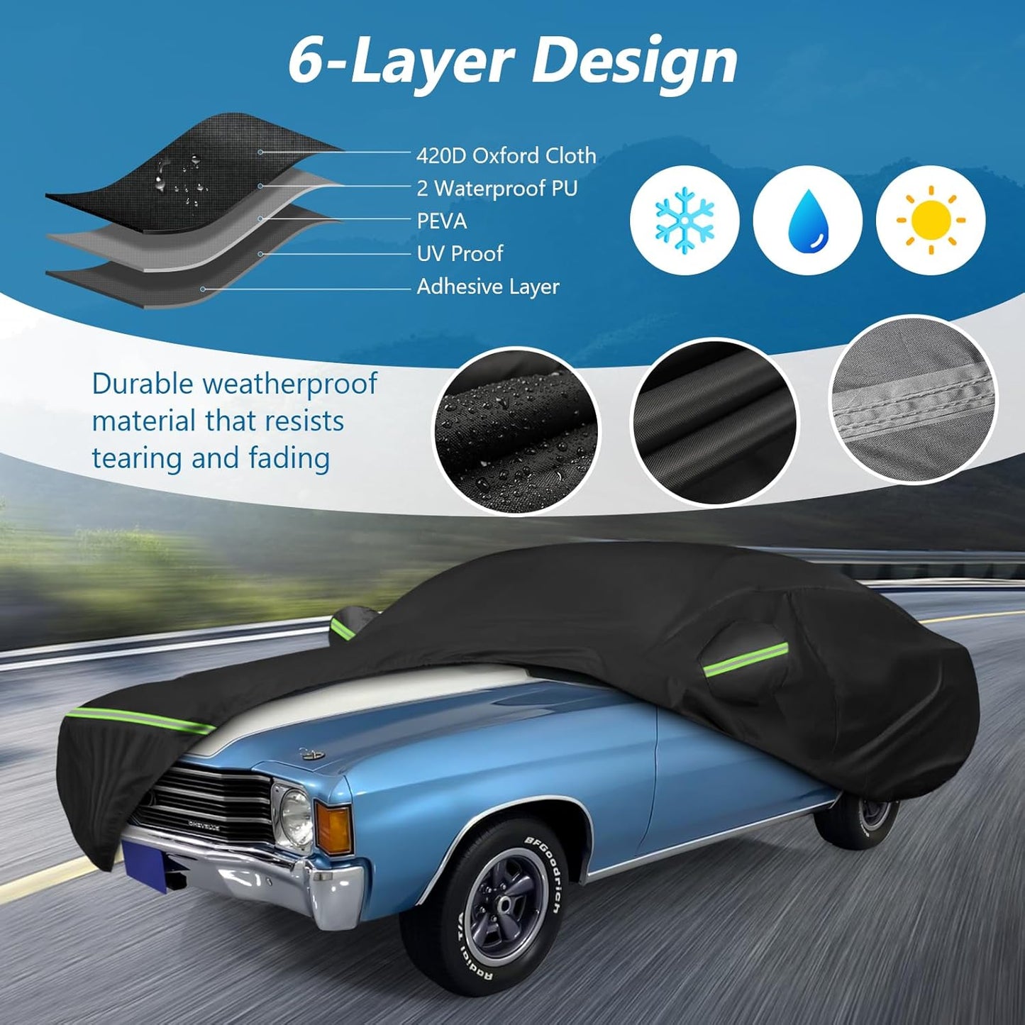 Waterproof Car Covers for Chevrolet Chevelle Malibu SS Sedan/Coupe 1964-1972, 420D Oxford Cloth Sun Heat Protection Outdoor Full Covers with Driver Side Zipper Windproof Heavy Duty All Weather