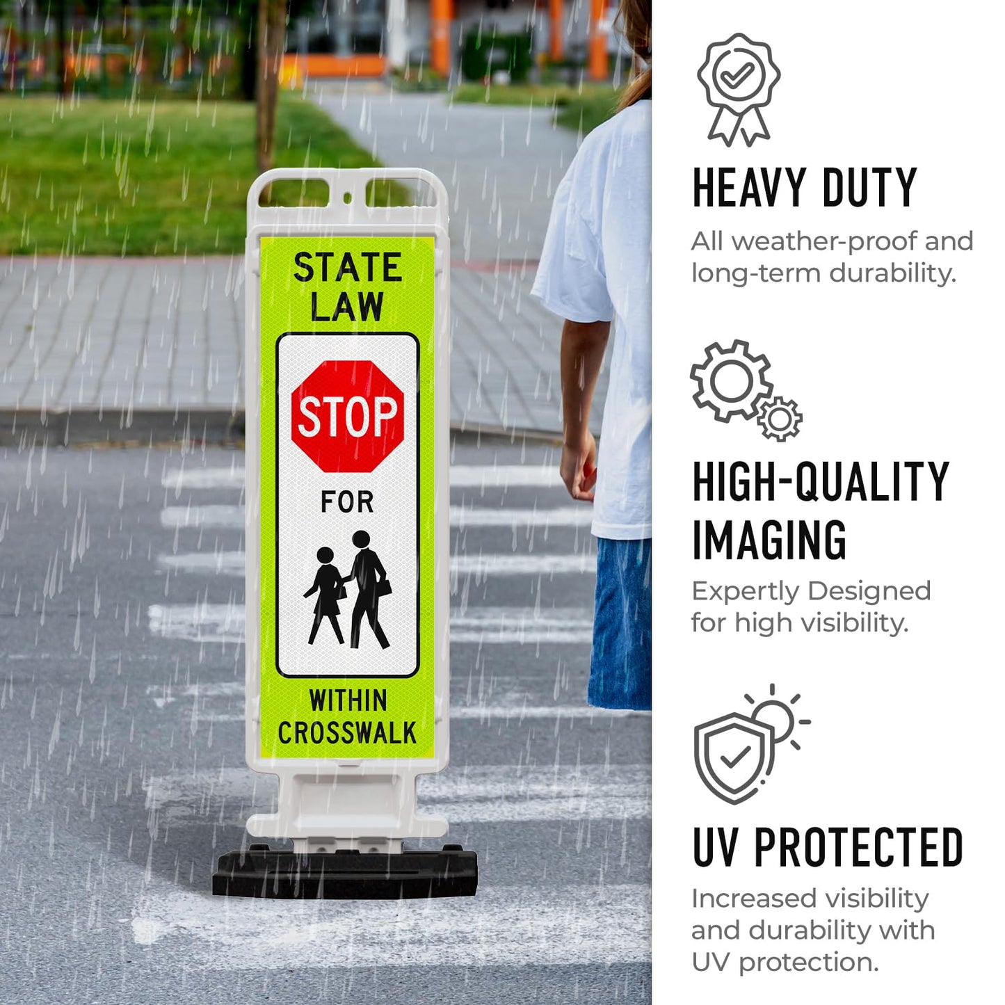State Law Stop for Pedestrian in Crosswalk MUTCD R1-6a Sign, Double Sided 3M Engineer Grade Reflective, Portable Rubber Base, Impact Resistant Plastic Frame