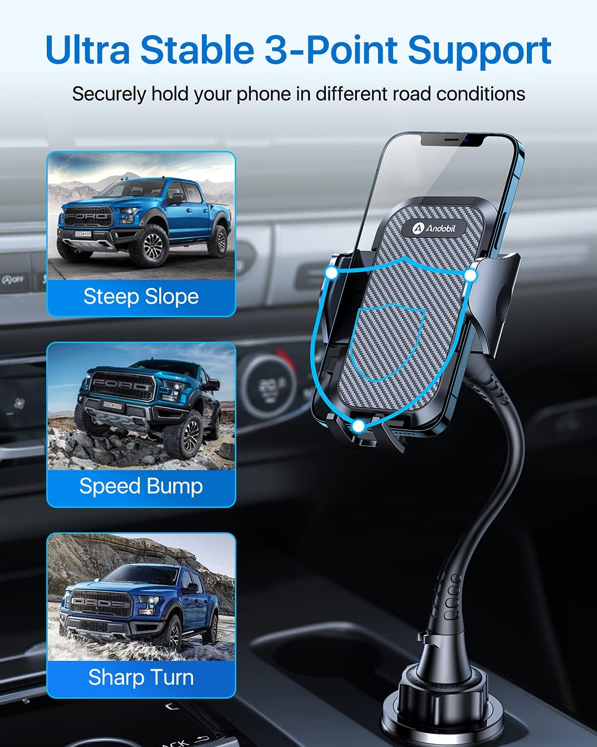 andobil Upgraded, Solidest 15in Cup Phone Holder for Car, Stable & Adjustable, Long Gooseneck Car Phone Holders for Your Car Truck Fit for iPhone 16 Pro Max 15 14 13 12 Pro Max, All Cell Phones