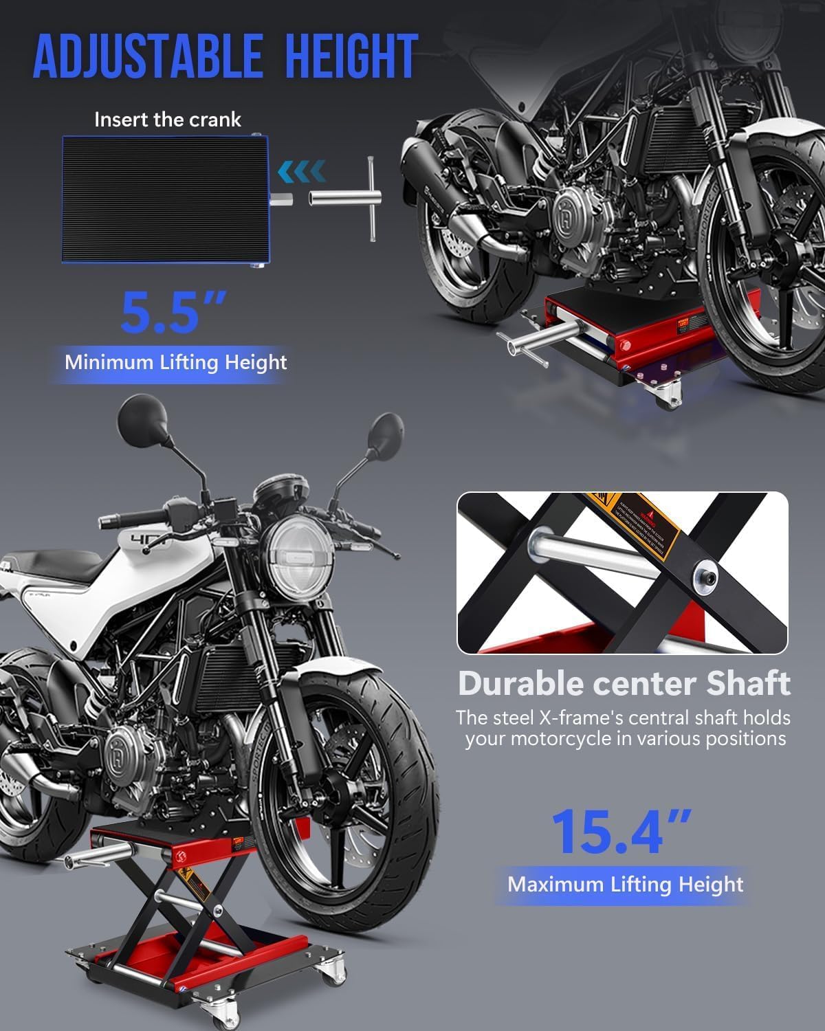 Heavy Duty 1100LBS Motorcycle Scissor Lift Jack with Dolly Wheels, Hand Crank & Non-Slip Platform - Adjustable Bike Lift Stand for Cruiser, Dirt Bike, ATV - Foldable,Garage Repair Equipment