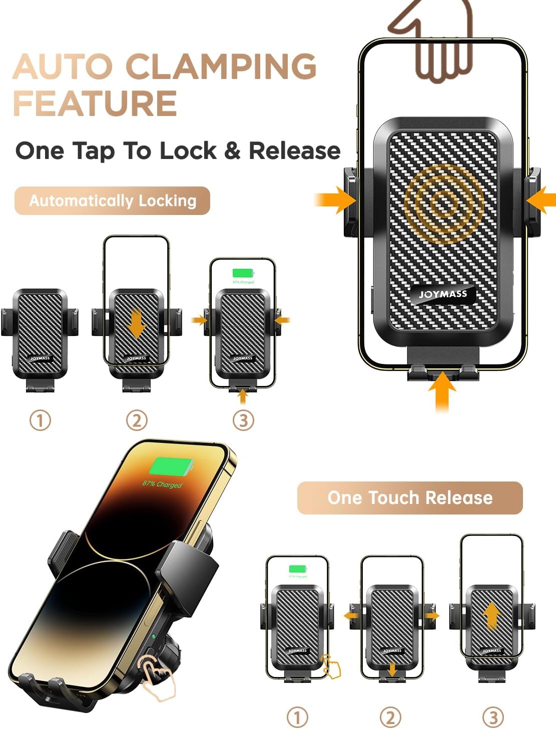 Wireless Car Charger, Phone Holders for Your Car, 15W Auto Clamping Phone Mount Car Accessories for iPhone 16 15 14 13 12 Mini Pro Max 11 XR XS, Samsung Galaxy S24 Ultra S23 S22+ Note 20, etc