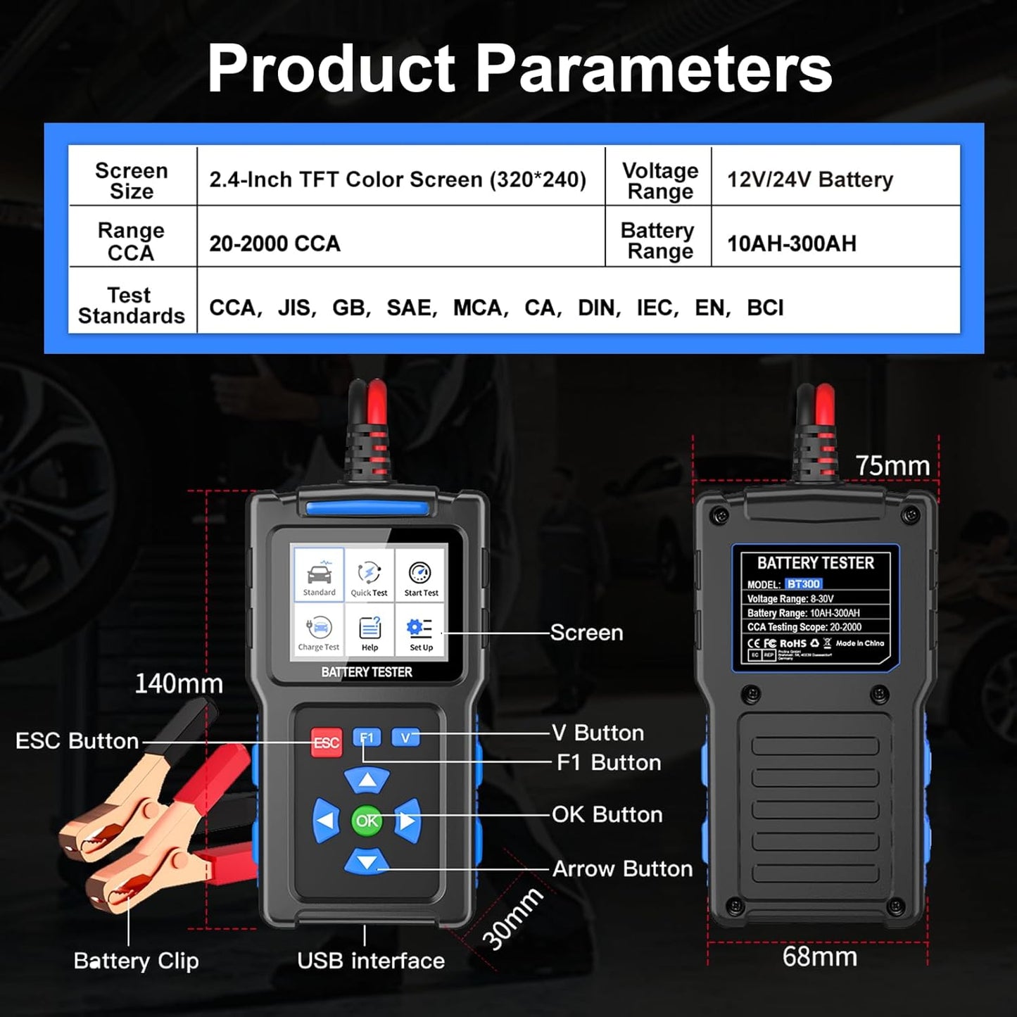 Car Battery Tester 12V 24V, Topdiag BT300 Auto Battery Load Tester, 20-2000 CCA, Automotive Alternator Tester, Charging Cranking System Battery Analyzer for Car Truck Motorcycle