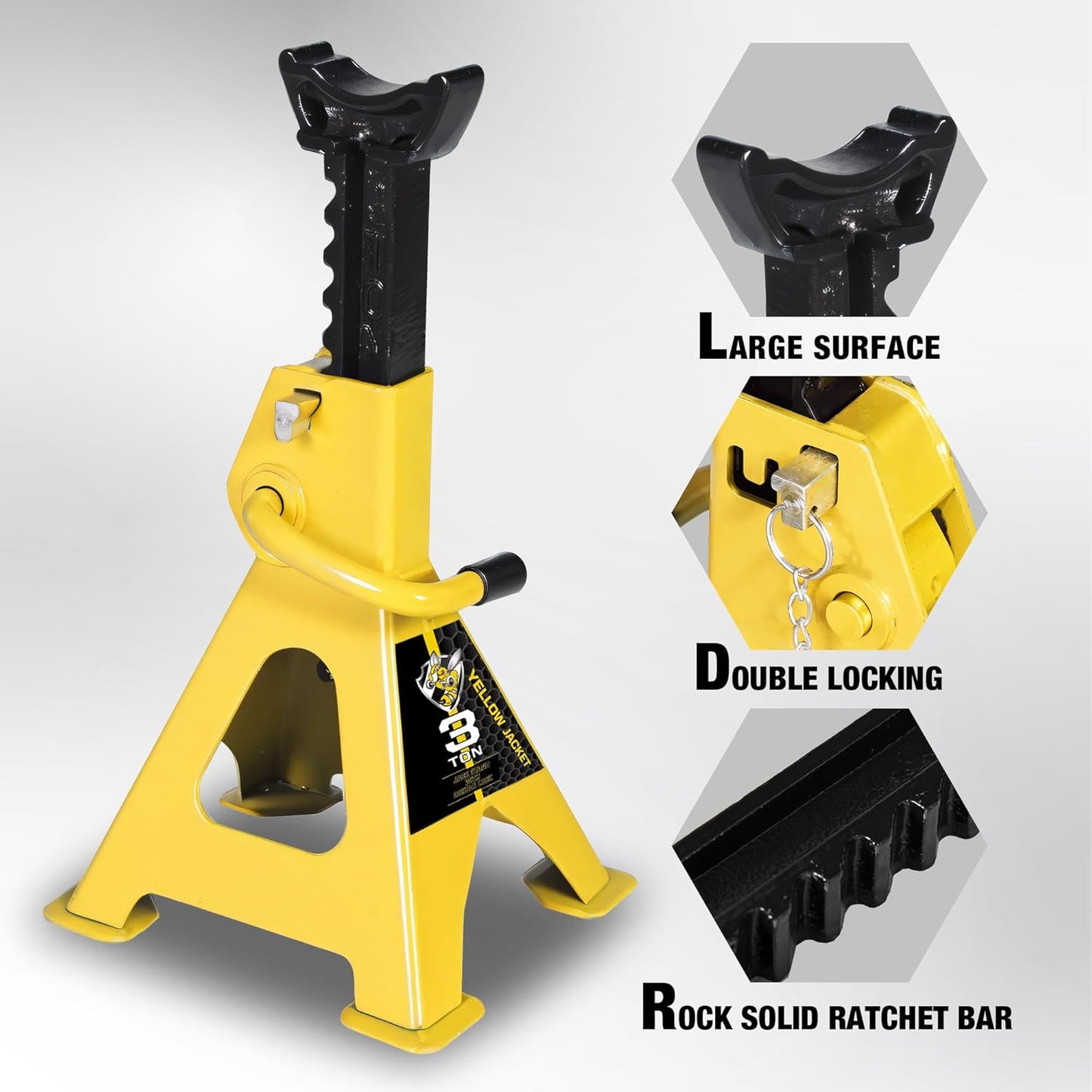 YELLOW JACKET Car Jack Stands 3 Ton with Double Locking and Large Foot Base for Lifting SUVS, Heavy Duty Steel, 6600 lb Capacity, 1 Pair, Yellow