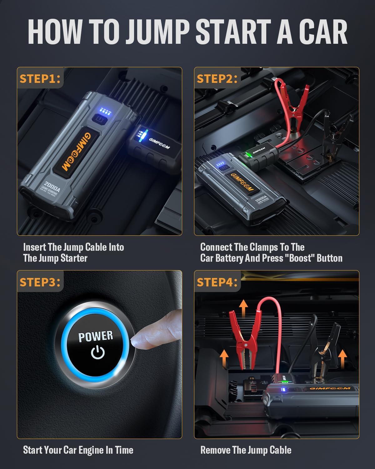 Jump Starter, 2000A Car Battery Jump Starter for Up to 9.0L Gas or 7.5L Diesel Engines, 12V Portable Car Jump Starter Battery Pack, Jump Box with 400 Lumens LED Light/Dual USB Output