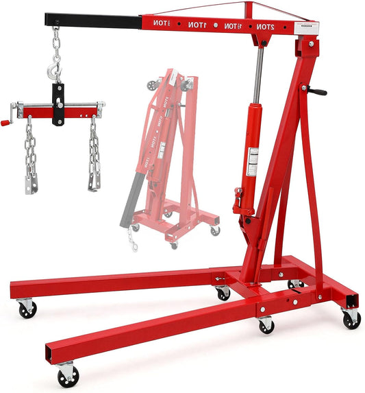 2 Ton Engine Hoist, Folding Cherry Picker Engine Hoist with Lever and 6 Casters, Heavy Duty Hydraulic Shop Crane, Engine Crane Lifter for Workshops Garage Warehouse, Red
