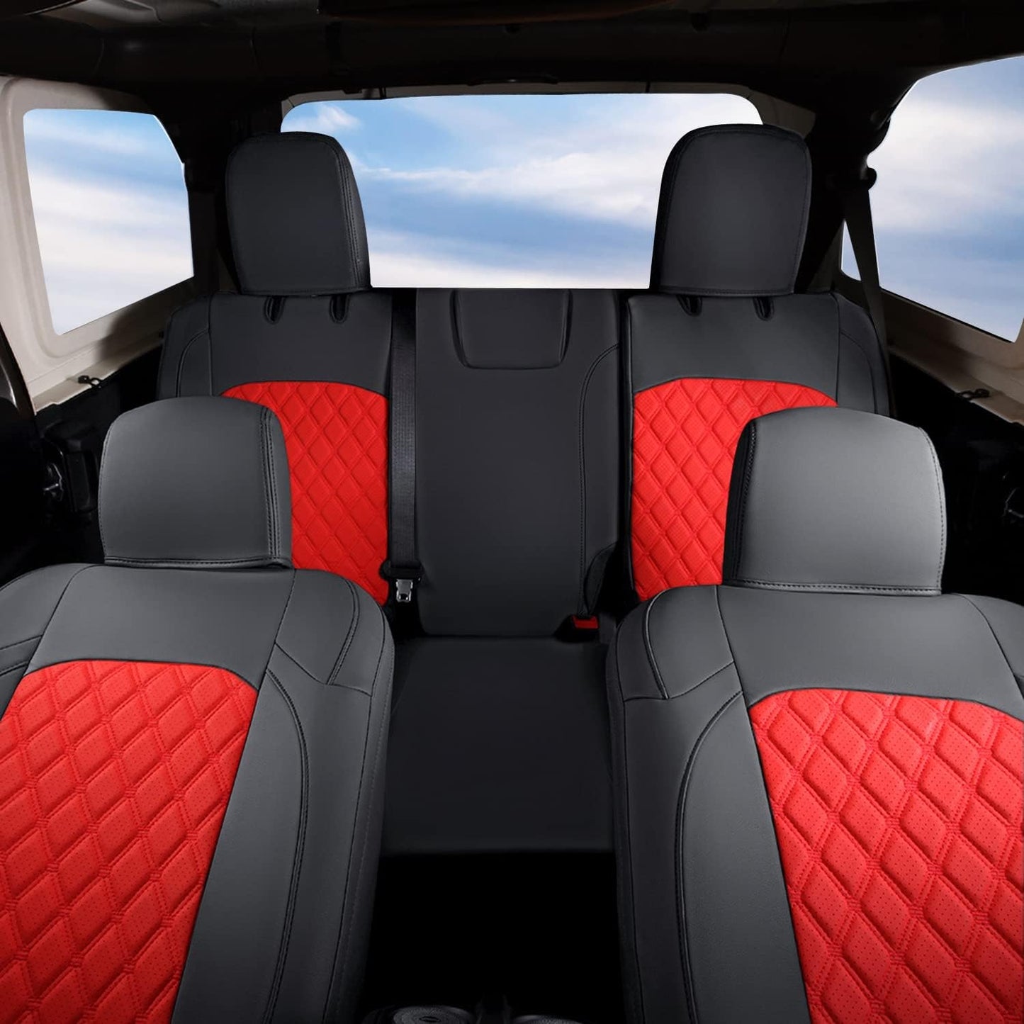 GIANT PANDA Fit Full Set Car Seat Covers for Jeep Wrangler 4 Door JL Sahara Sport Rubicon Unlimited Willys 2018 2019 2020 2021 2022 2023 2024 2025 Without Rear Cup Holder,Faux Leather (Black+Red)