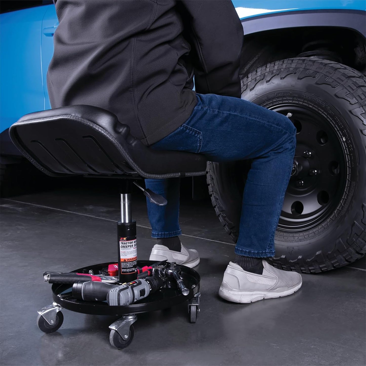 Performance Tool W85020 Tractor Creeper Rolling Work Seat with Storage Tray for Mechanic Garages and Workshops, Black, 24-inch Height