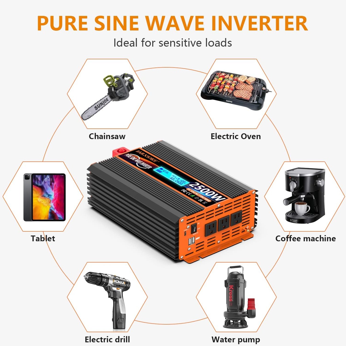 2500 Watt Pure Sine Wave Power Inverter 12V DC to 110V 120V Converter for Family RV Off Grid Solar System Car with Type-C Ports 3 AC Power Outlets Dual USB Ports LCD Display Wireless Remote Control