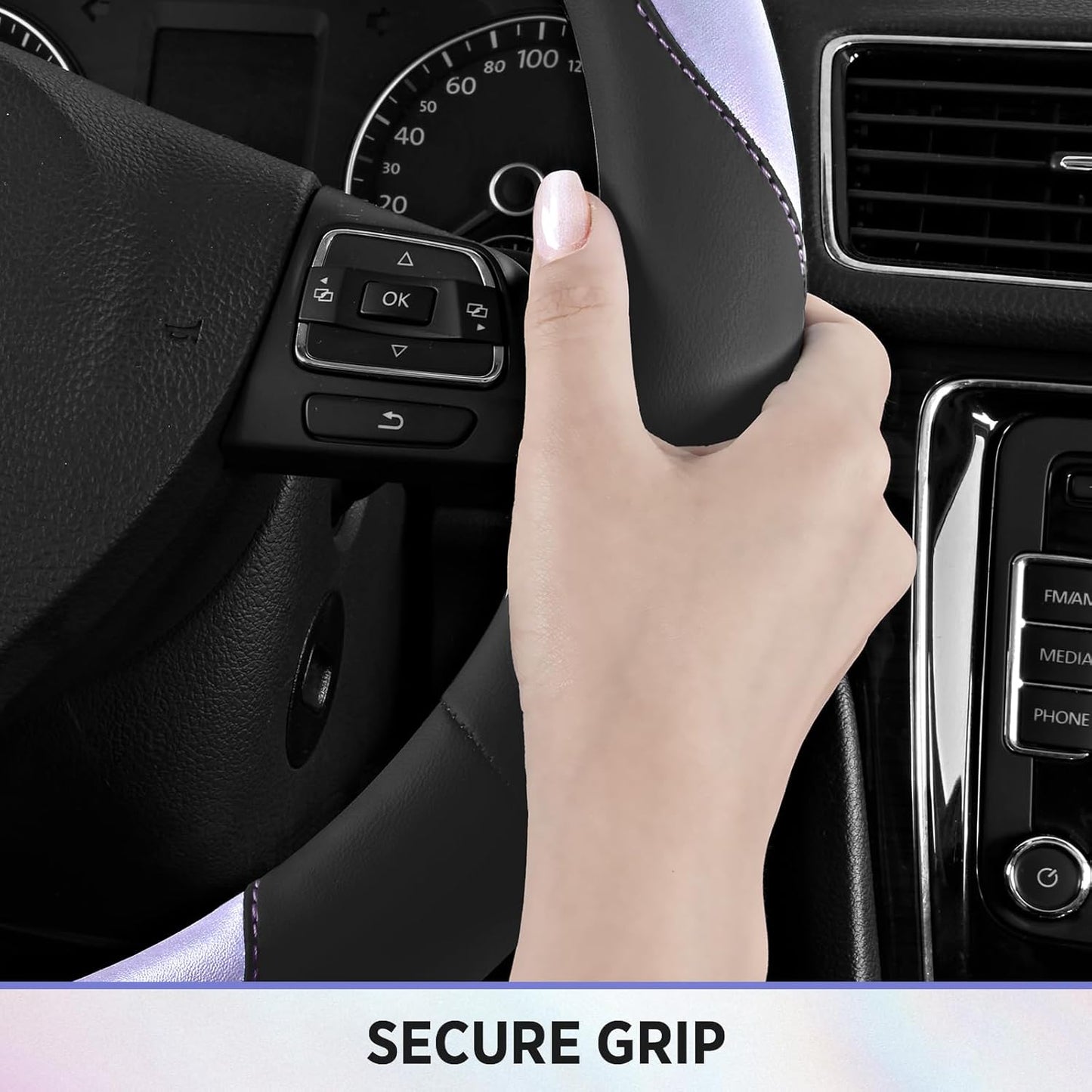 Road Comforts Steering Wheel Cover – Breathable Leather Steering Wheel Cover, Anti-Slip Grip, Universal Fit 14.5” to 15”, Heat & Cold Resistant for Cars, SUVs, and Trucks – Black & Purple