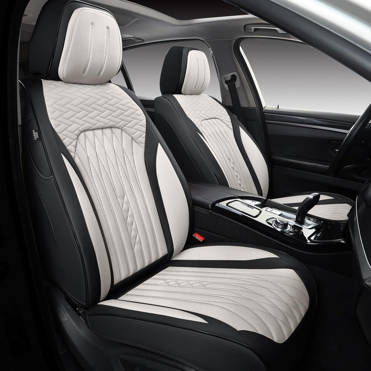 Car Seat Covers Full Set, Leather Seat Covers for Cars, Car Seat Protector Waterproof, Non-Slip Car Interior Covers Fit for Most Cars, SUV, Vans, Trucks,2Seats,Full Set,Black-White