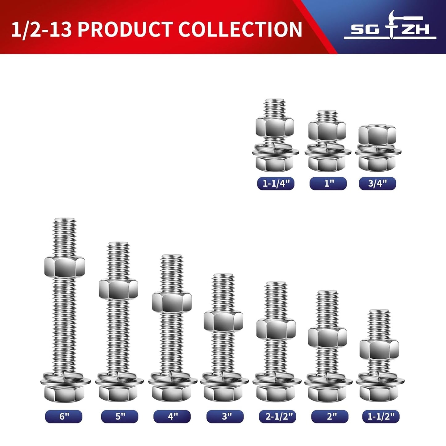 1/2-13 x 1" Hex Head Screw Bolt, Nuts, Flat & Lock Washers, 20Pcs 18-8 (304) Stainless Steel, Fully Threaded, by SG TZH