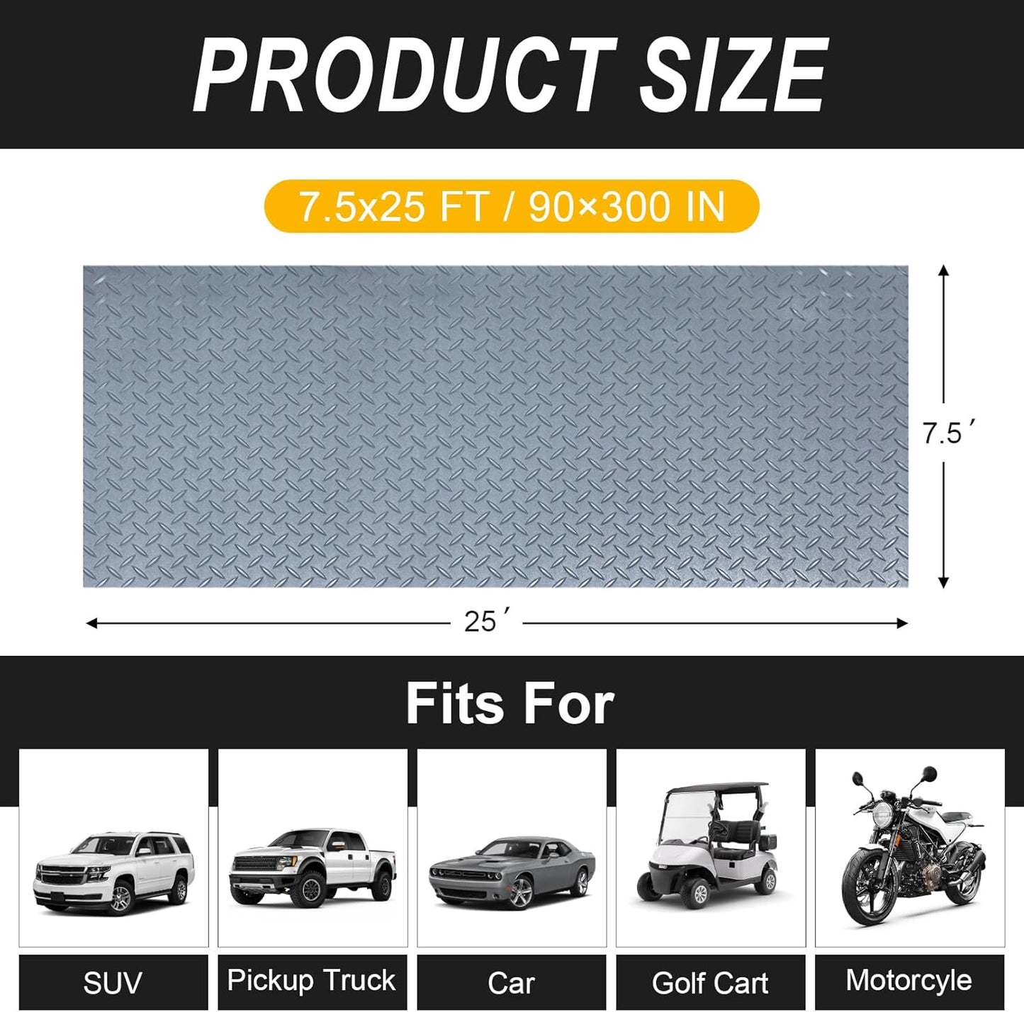 7.5x25 FT Garage Floor Mat, Updated 2.8mm Thicked Flooring Roll with 20Pcs Tapes, 188 sqft Diamond Plate PVC Rubber Trailer Mat, Non-Slip Floor Protector Mat for Garage Warehouse Gyms (Matte Grey)