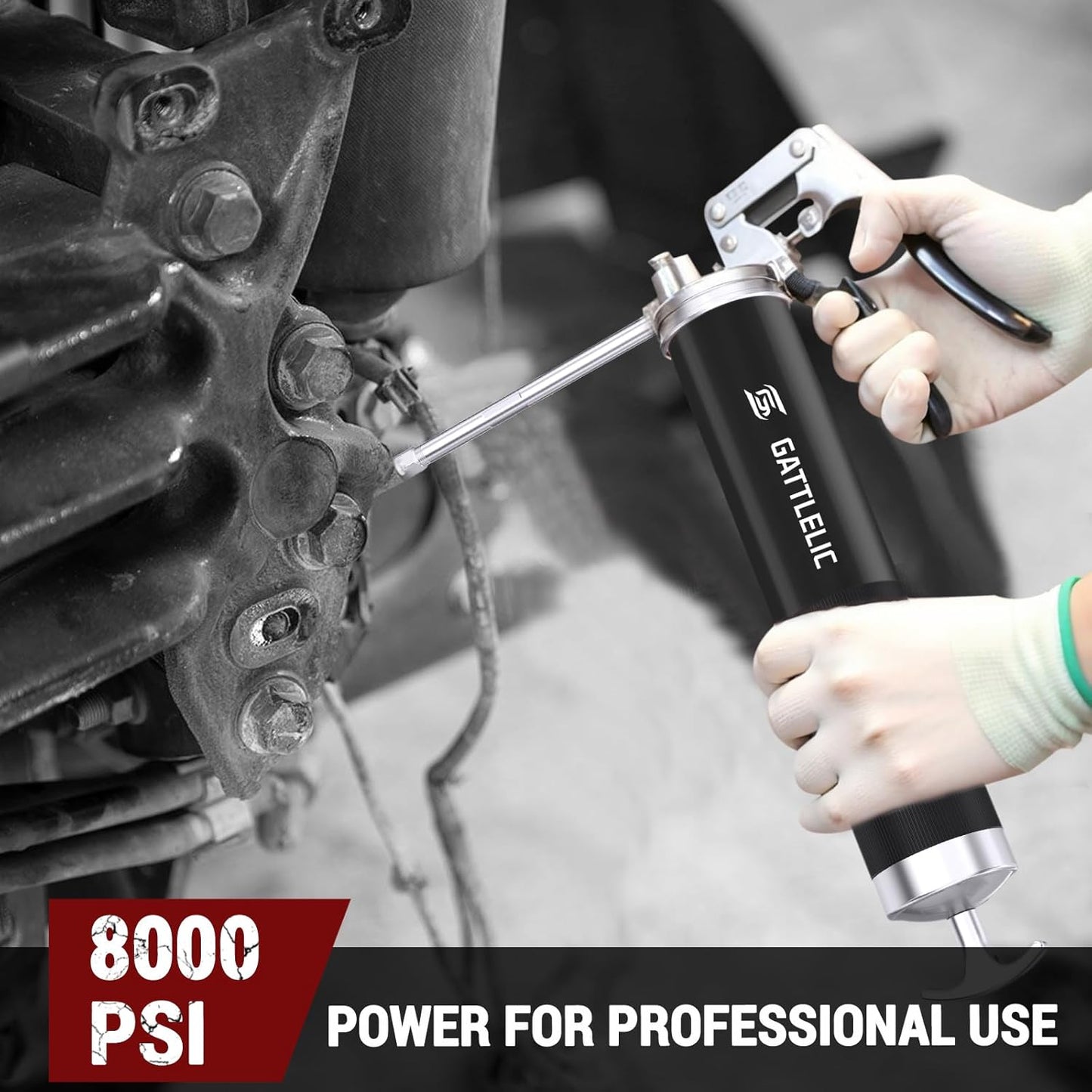 Grease Gun Kit, 8000 PSI Heavy Duty Grease Gun with Grease Coupler, 14oz Pistol Grip Grease Gun with 12 Inch Spring Flex Hose, Sharp Nozzle, Extension Rigid Pipe, Black