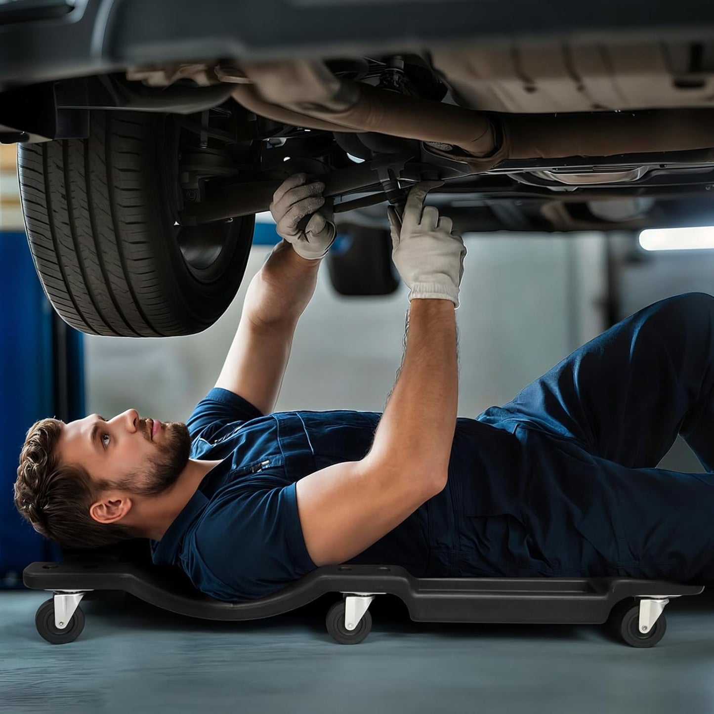 Magshion Rolling Garage with Padded Headrest, Shop Creeper 40" Mechanic Cart with Double Tool Tray and 6 Casters, 330 lbs Capacity Lightweight Automotive Creeper, (Black)