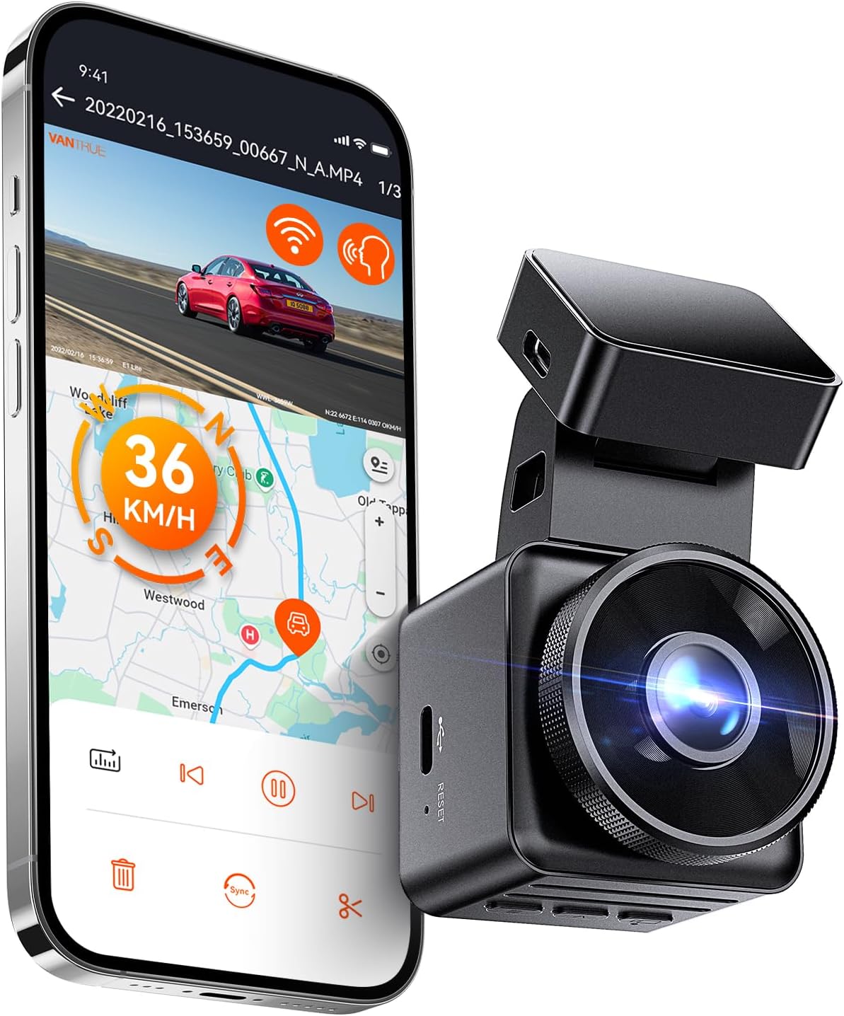 Vantrue E1 Lite 1080P WiFi Mini Dash Cam with GPS and Speed, Free App, Voice Control Detachable Dash Camera, 24 Hours Parking Mode, Night Vision, Motion Detection, Loop Recording, Support 512GB Max