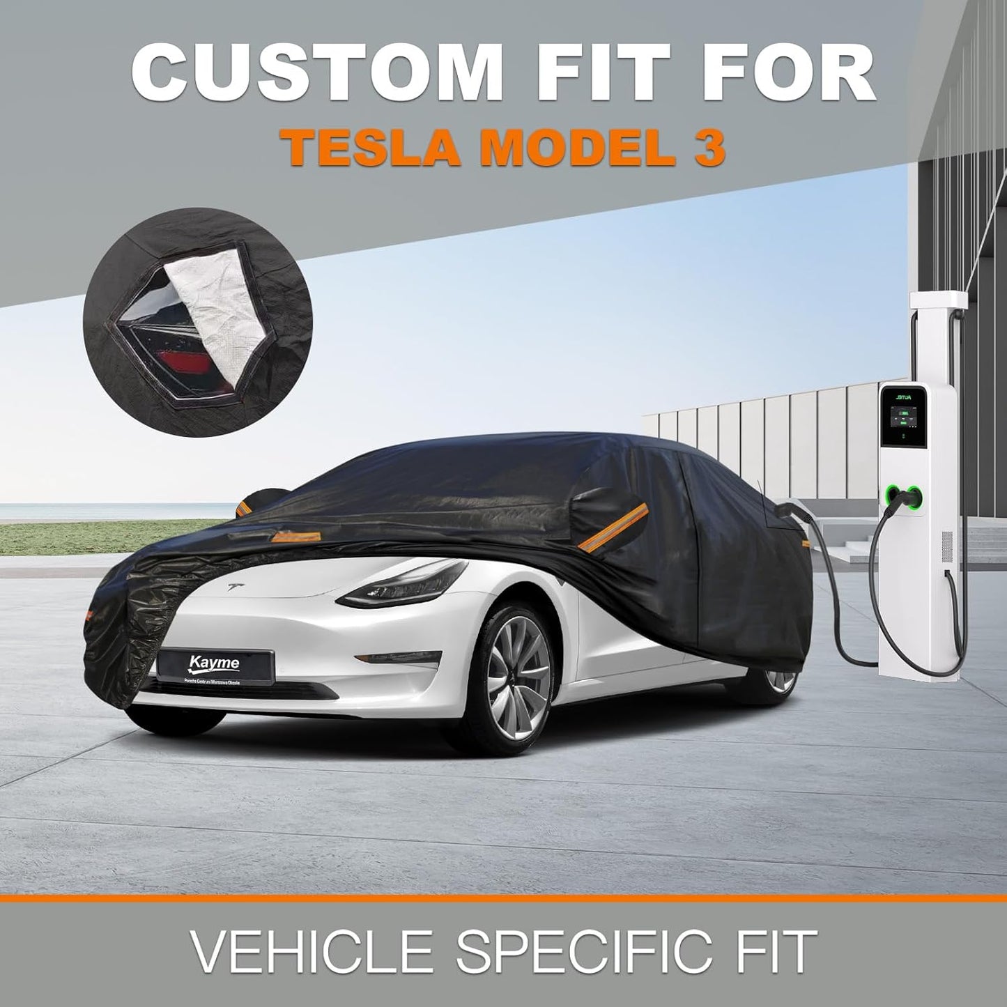 Kayme 7 Layers Car Cover Custom Fit for (2017-2023) Tesla Model 3 Waterproof All Weather for Automobiles,Outdoor Full Cover Rain Sun UV Protection