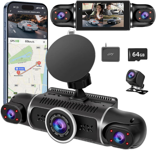 360° Dash Cam Front and Rear View 4 Channel Dash Camera FHD 2K+1080Px3 for Car, Inside/Back 170°+2x150°+170° Wide Angle, 8 IR Lamps Night Vision,WiFi,GPS, APP,G-Sensor with 64GB Card,24/7 Parking Mode
