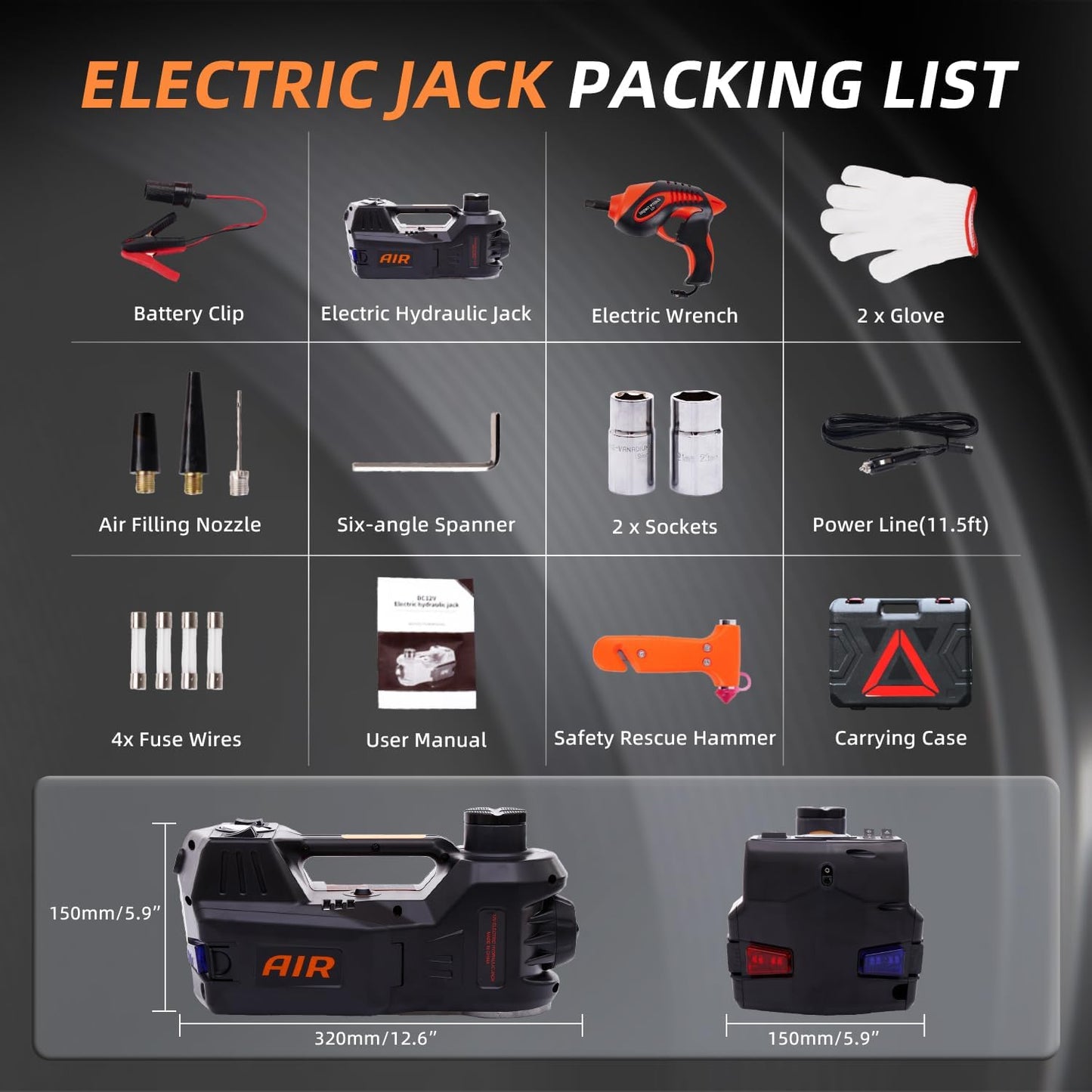 STANDTALL Electric Car Jack Kit 5 Ton 12V Hydraulic Jack Automatic Lift for Car with Impact Wrench and Tire Inflator Pump for SUV Sedan Truck Change Tires Garage Repair Road Emergency