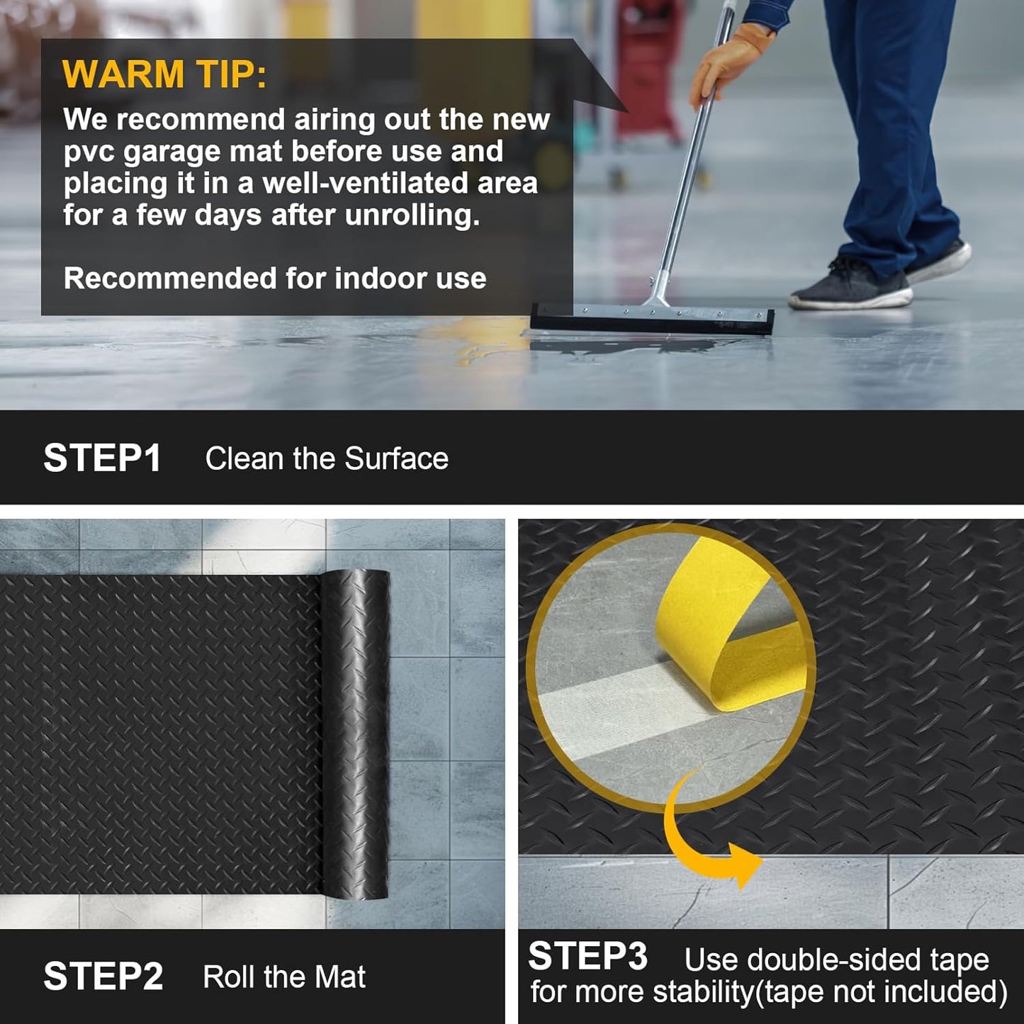 4x10FT Garage Floor Mat, 2.8mm Thickened Flooring Roll for Under Car, Golf Cart Parking Mat, Diamond Plate PVC Rubber Motorcycle Mat, Non-Slip Floor Protector for Garage Warehouse Trailer, Black