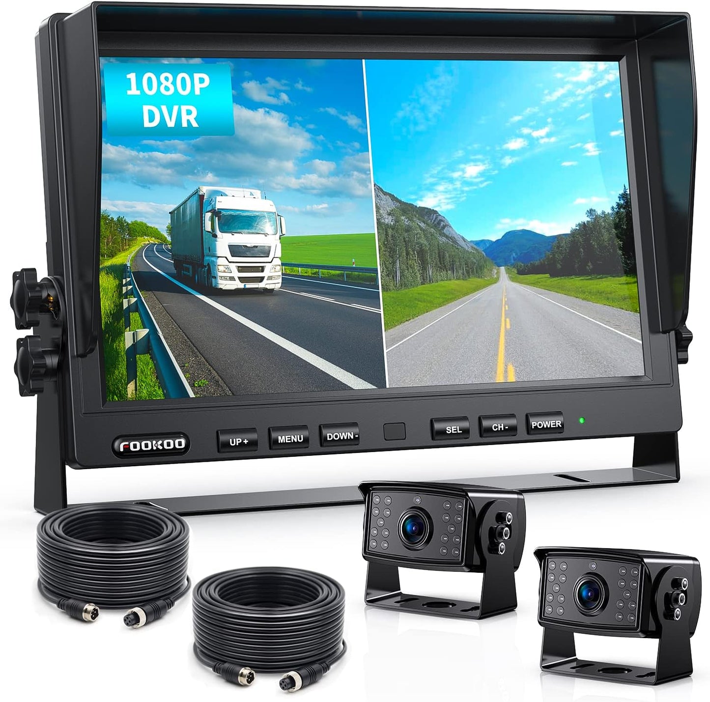 Fookoo Ⅱ HD Wired Backup Camera System Kit,10 inch Dual Split Screen Monitor with Recording IP69 Waterproof Front View Rear View Cameras Parking Lines for Truck/Semi-Trailer/Box Truck/RV(DY102)