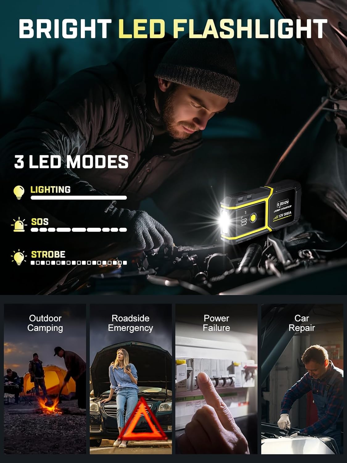 S ZEVZO H021 Car Jump Starter, Peak 5000A Jump Starter Battery Pack for Up to 10.0L Gas and 8.0L Diesel Engines, 12V Portable Jump Box with LCD Display, 3 Modes Flashlight and Protective Carrying Case