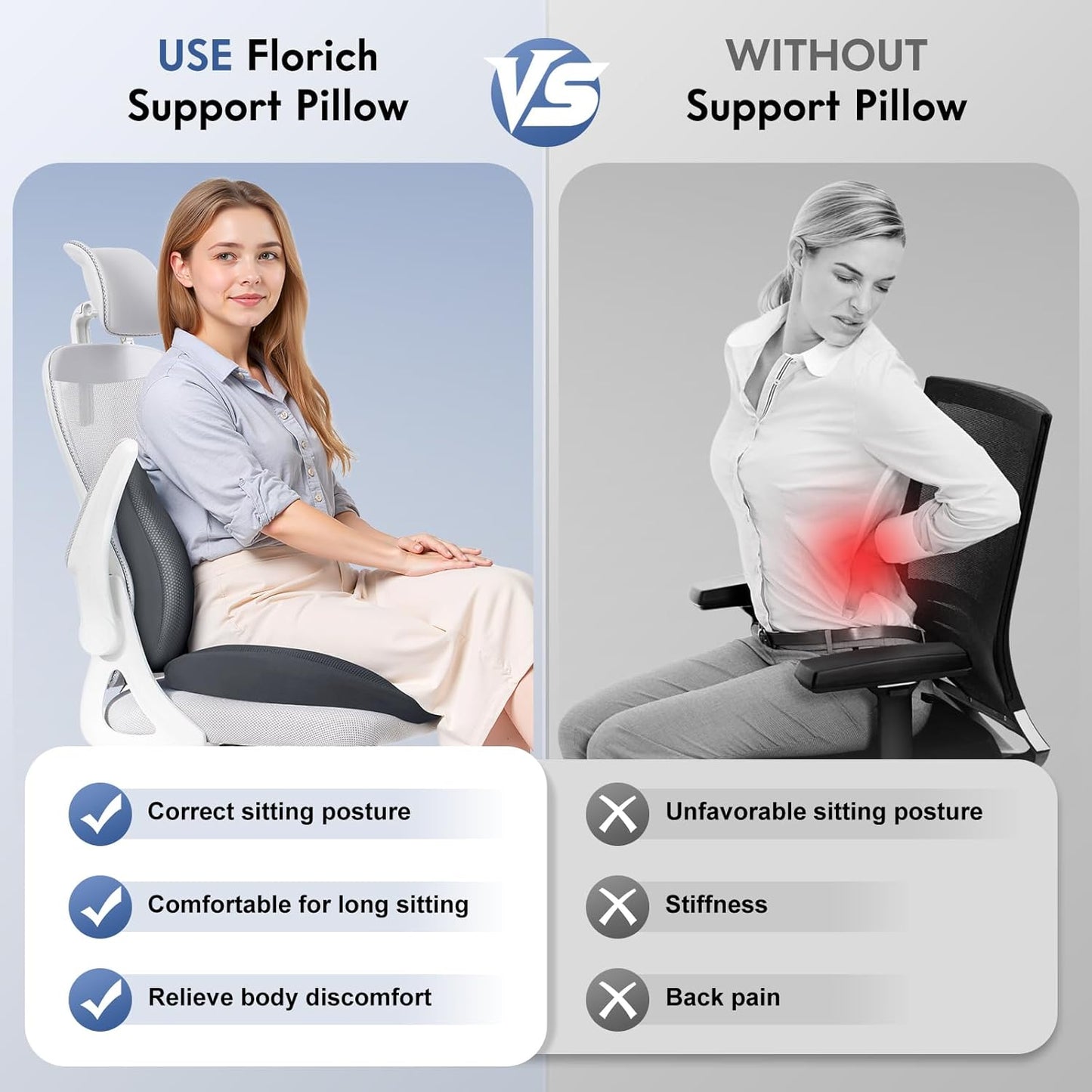 FLORICH Seat Cushion and Lumbar Support Pillow for Office Chair Car, Ergonomic Memory Foam Back Support for Office Gaming Chair Driving Seat Wheelchair, Relieves Neck, Back & Sciatica Pain – Gray