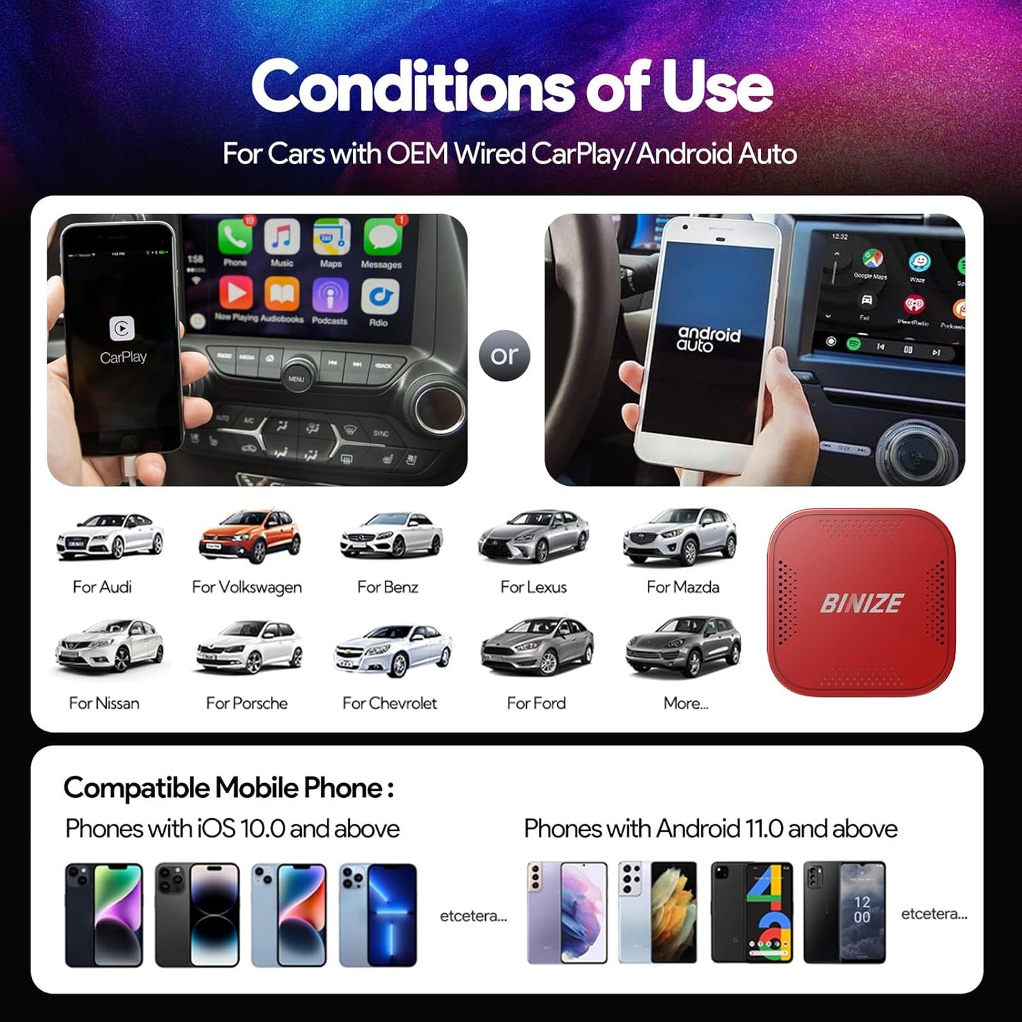 Binize Carplay Ai Box Android 13 AndroidAuto AI Box Wireless Carplay AndroidAuto Built-in Navigation, Support Video APPS etc. Support Car with OEM Wired CarPlay/Android Auto (Red 8G+128G)