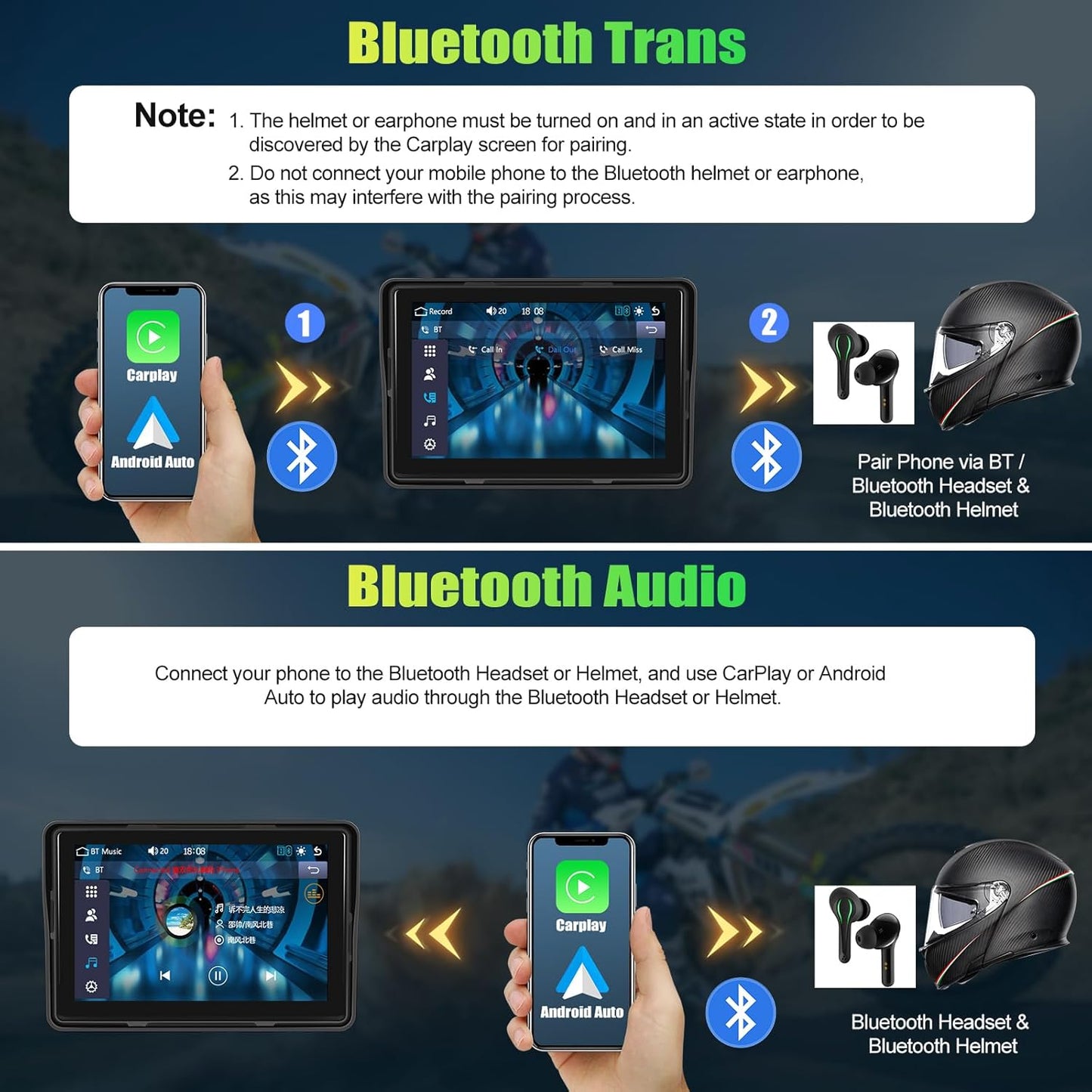 CAMECHO Motorcycle CarPlay Screen, 5" Waterproof Portable Wireless Apple Carplay Android Auto for Motorbike, Touch Screen Car Stereo Support Dual Bluetooth, Mirror Link, EQ, Siri Voice Control