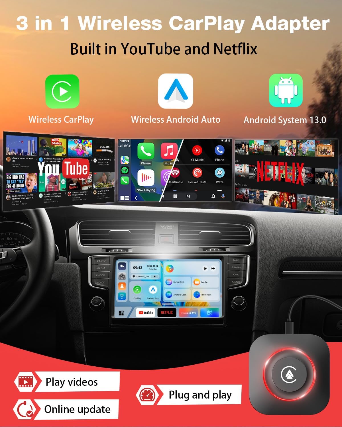 Wireless CarPlay Adapter, 2025 Upgraded Magic Box 2.0 Supports YouTube Hulu TikTok Disney+ and More, Android Auto Wireless Adapter Plug and Play Easy Setup for Cars with OEM Wired CarPlay