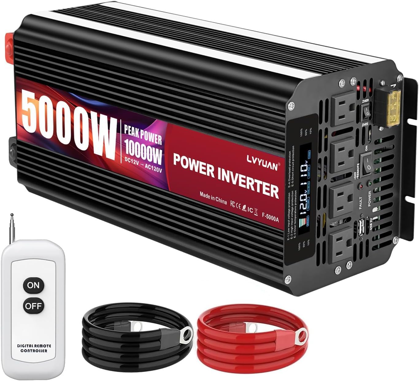 LVYUAN 5000 Watt Power Inverter 12V to 110V 120V for Vehicle, Solar Inverter System, Heavy Duty, RV, Truck, Off Grid,Camping with 4 AC Outlets, LCD Display, Wireless Remote Control, Car Power Inverter