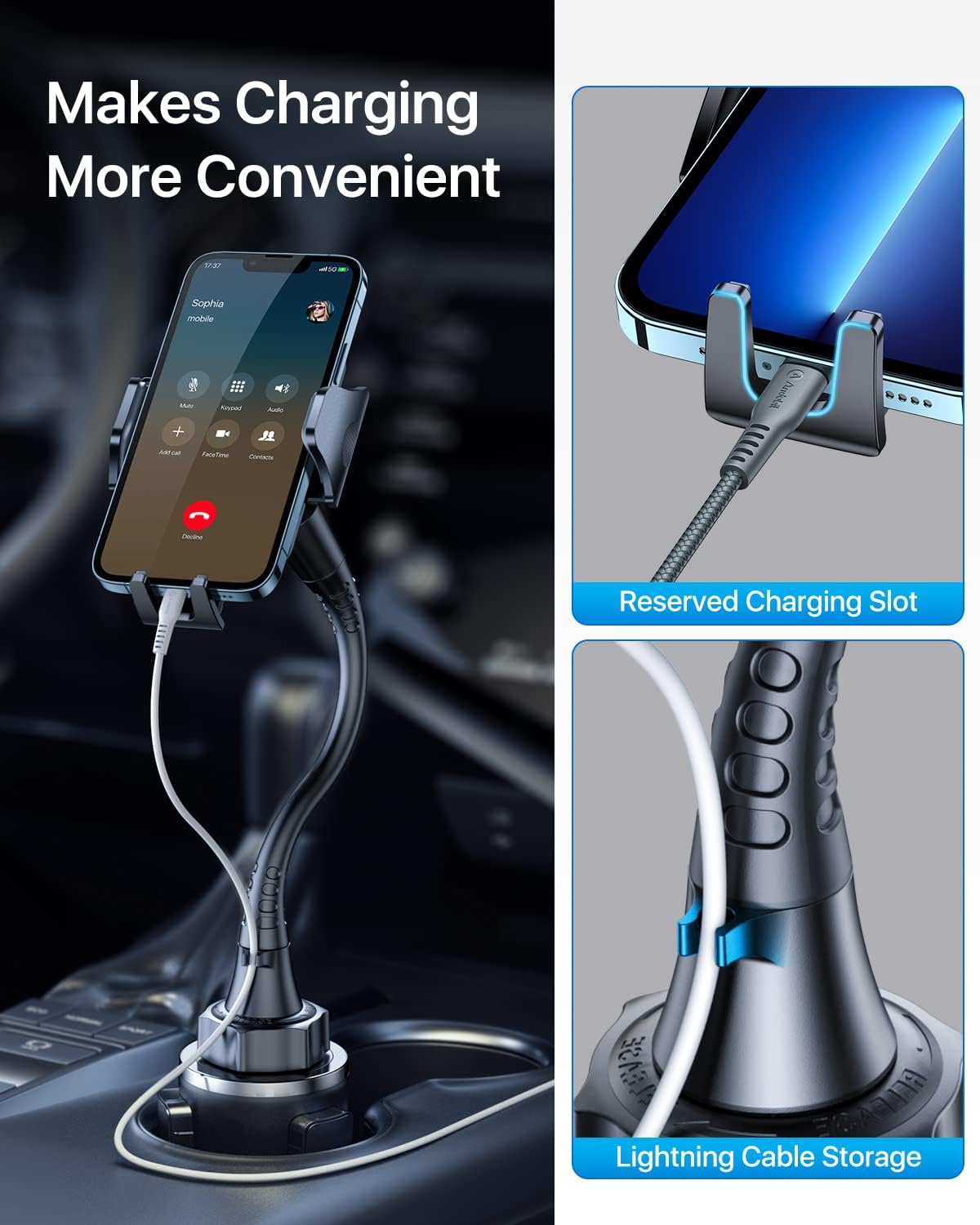 Danmus® Upgraded Car Cup Holder Phone Mount with Extendable Base, [15-in Adjustable Long Gooseneck] [Military-Grade] Car Truck Mount Compatible with iPhone 16 15 14 13 Pro Max Samsung S25 All
