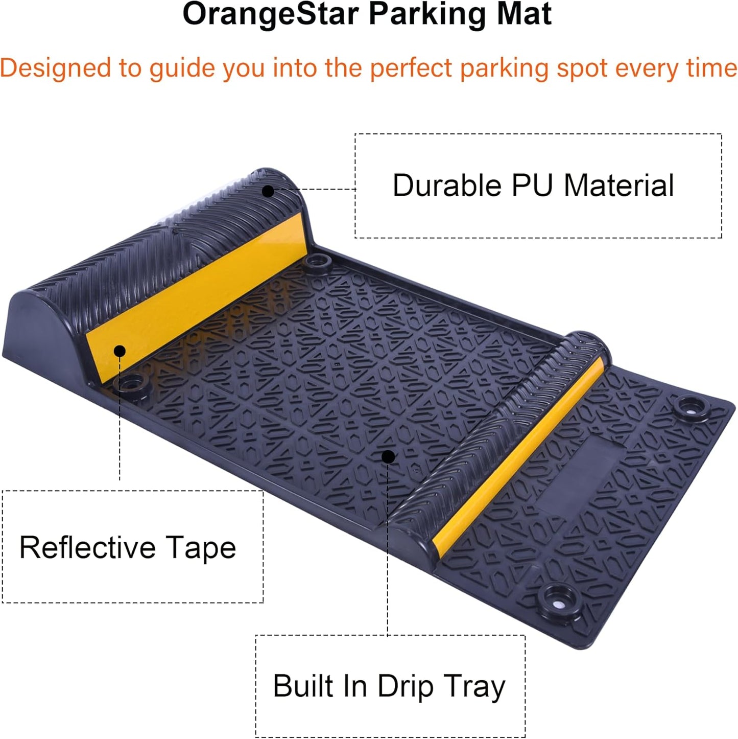 OrangeStar 4 Pack Parking Guide Mat, 21” Heavy Duty PU Wheel Stopper w/Reflective Stripe for Garage Vehicles, Indoor/Outdoor Use, Black