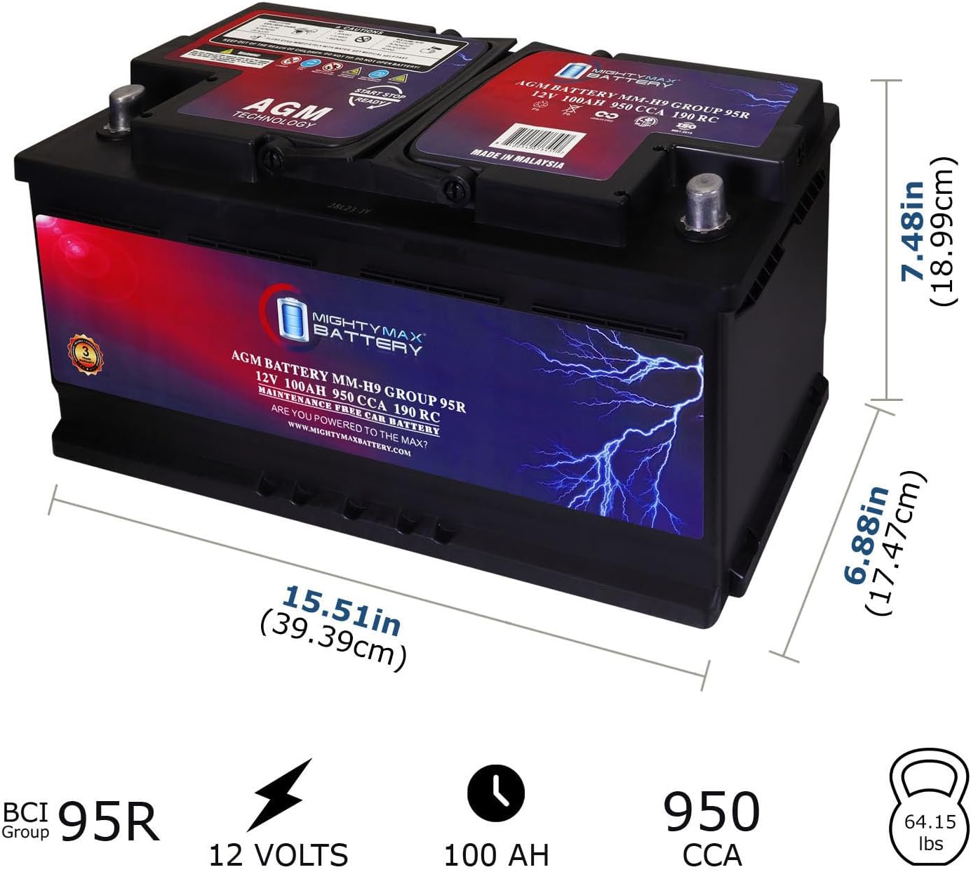 Mighty Max Battery MM-H9 Start and Stop Car BCI Group 95R 12V 100AH, 190RC, 950CCA Rechargeable AGM Car Battery