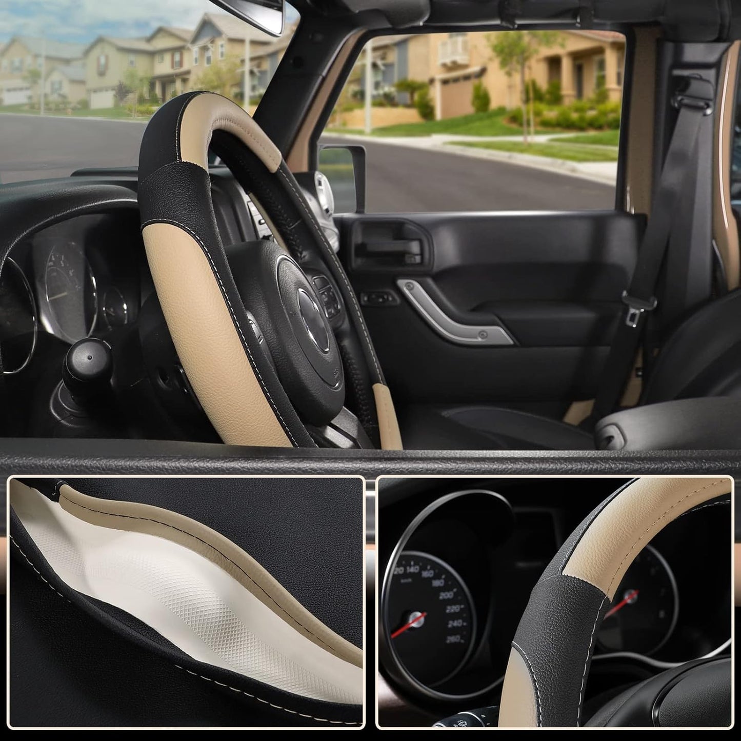 SEG Direct Car Steering Wheel Cover for F-150 Tundra Range Rover 15.5-16 inch, Black and Beige Microfiber Leather