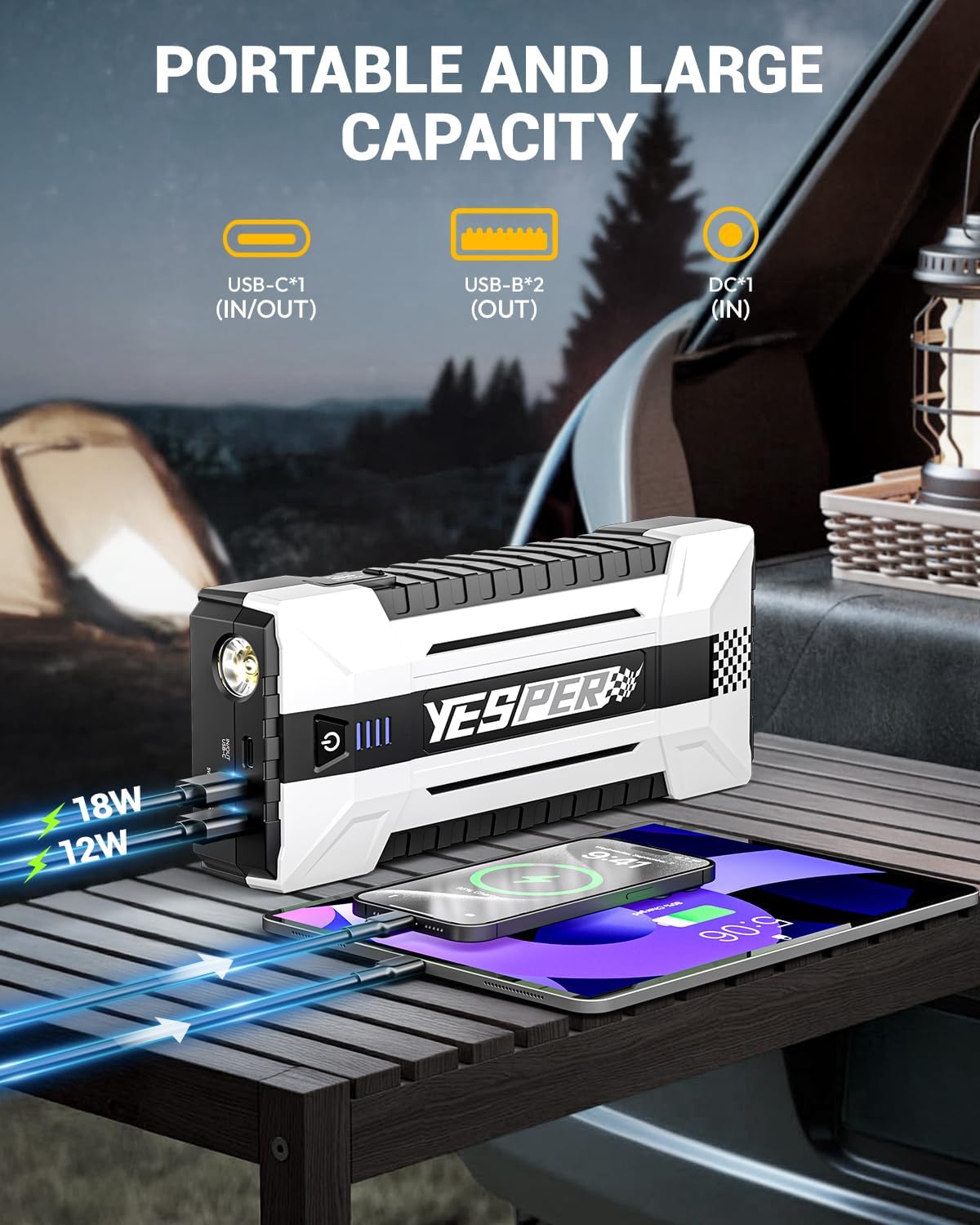 YESPER 4120A Jump Starter, 12V Car Battery Jumper Starter Portable (All Gas, up to 10.0L Diesel Engine), 26800mAh Battery Start Booster Pack, Jump Box with Carry Case, Jumper Cables, LED Light