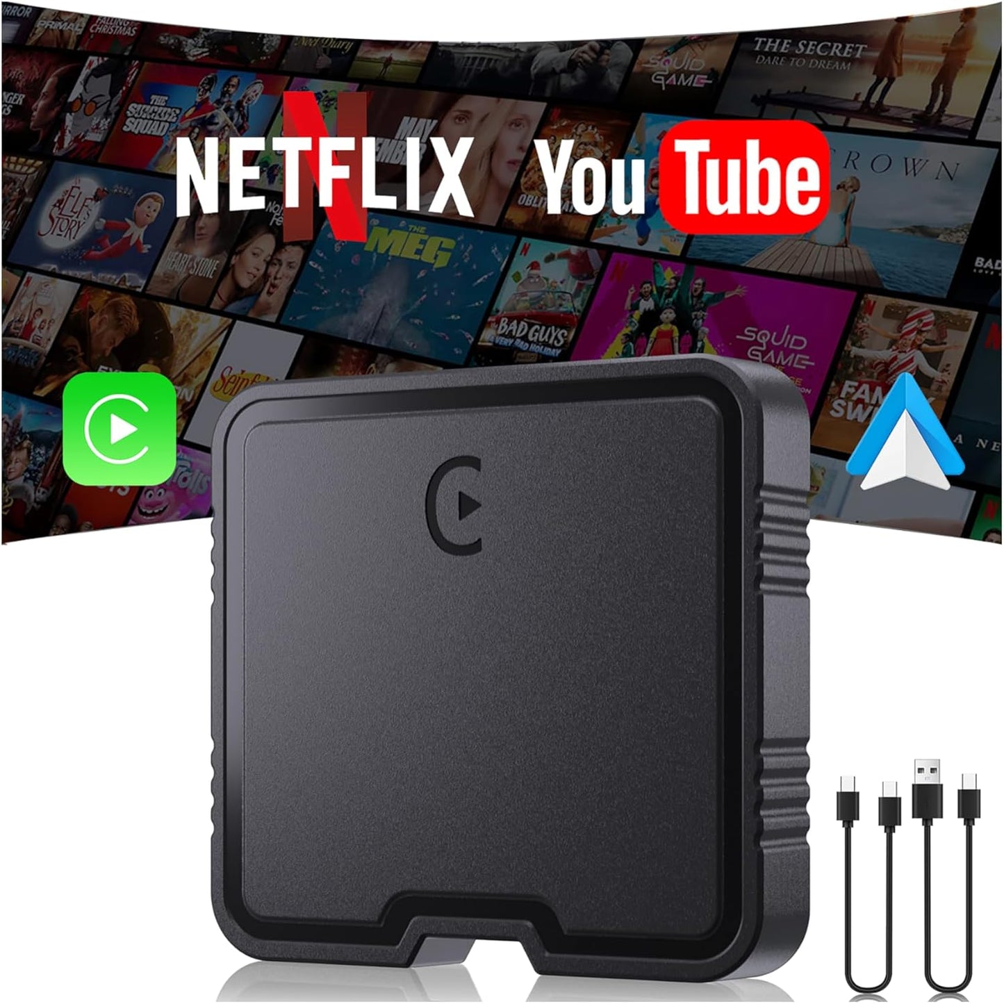 Wireless Carplay Adapter with Netflix YouTube TF Card Plug & Play, Wireless AI Box Car Play Adapter & Android Auto Dongle Easy to Setup, Fits for OEM Wired CarPlay Cars