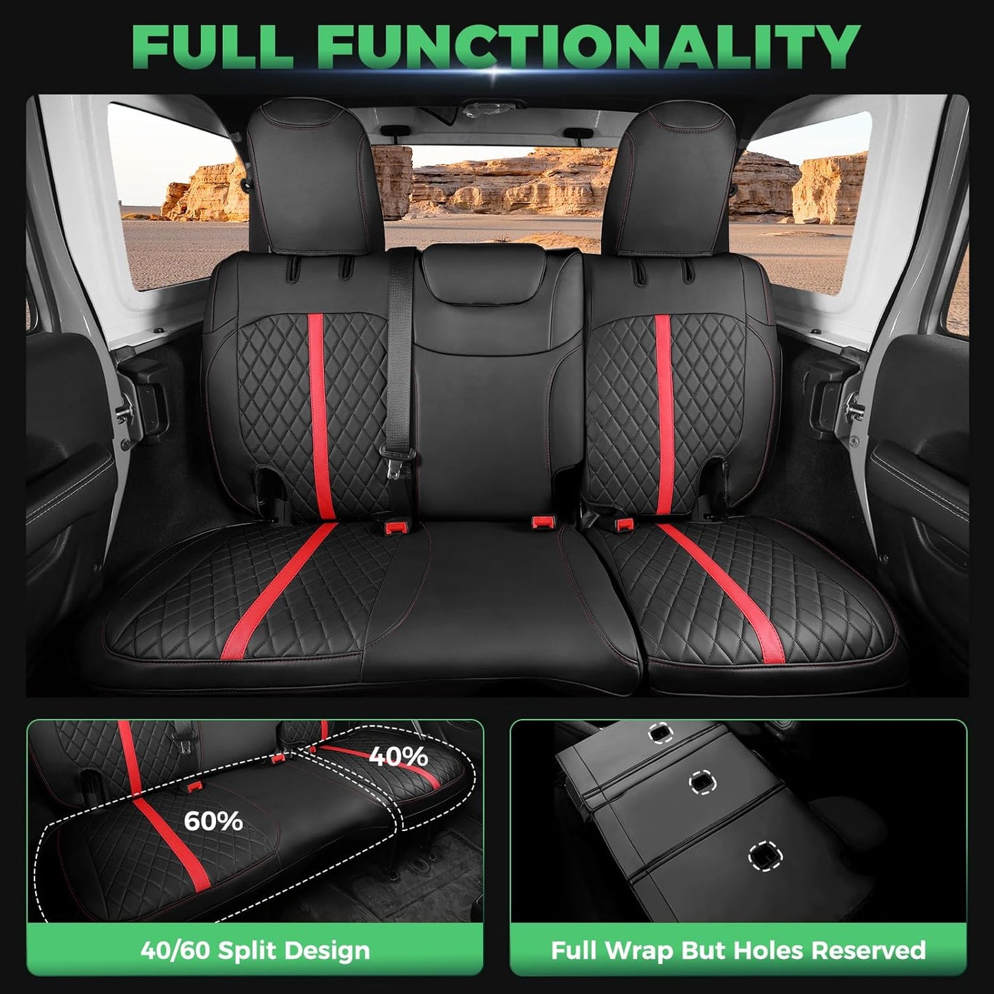 for Jeep Wrangler Seat Covers 4Door JL 2018 2019 2020 2021 2022 2023 2024 2025, Custom Car Seat Cover Full Set, Luxury Waterproof Leather Seat Protectors, Black Red Trim, W/O Rear Cup Holder