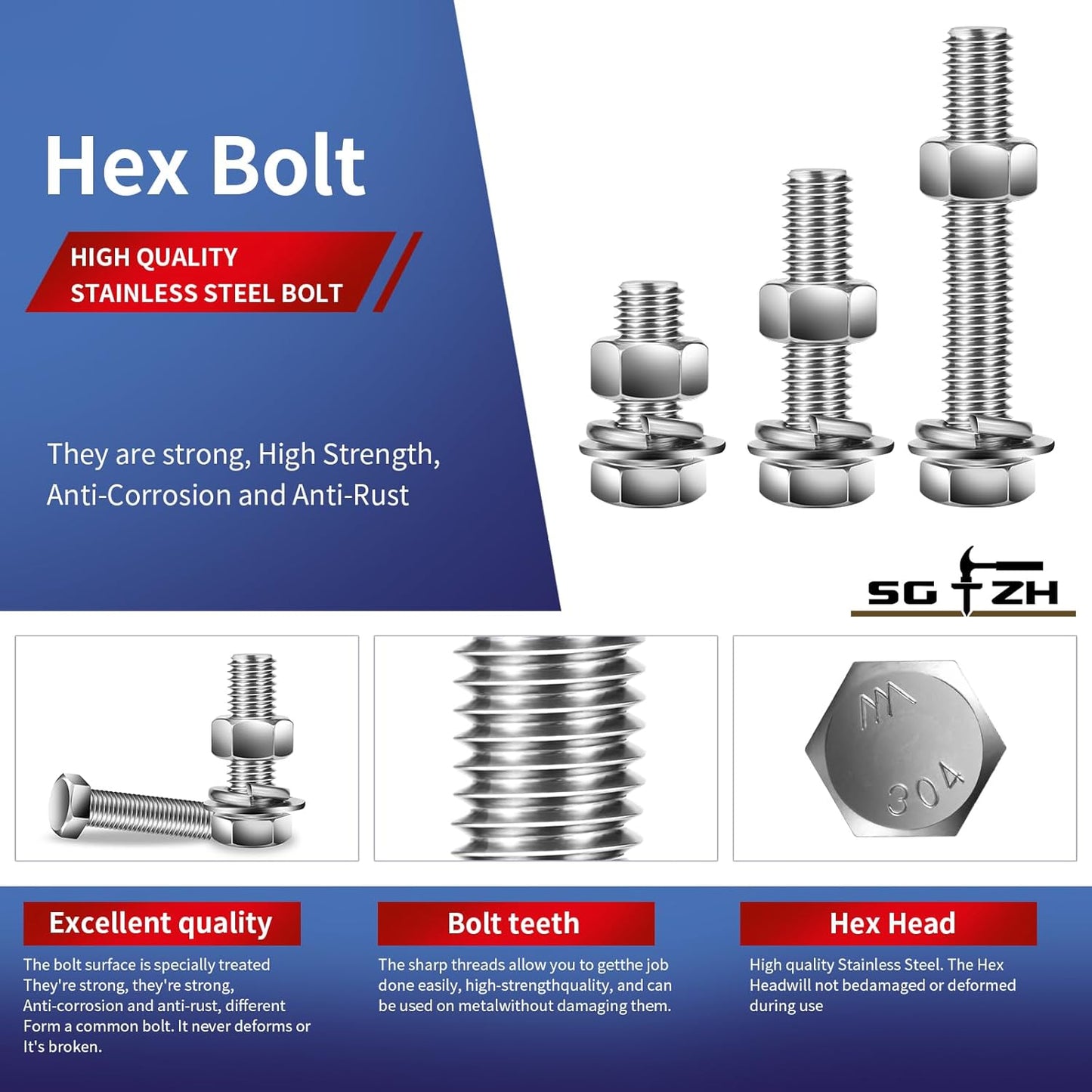 1/4-20 x 3-1/2" Hex Head Screw Bolt, Nuts, Flat & Lock Washers, 20Pcs 18-8 (304) Stainless Steel, Fully Threaded, by SG TZH