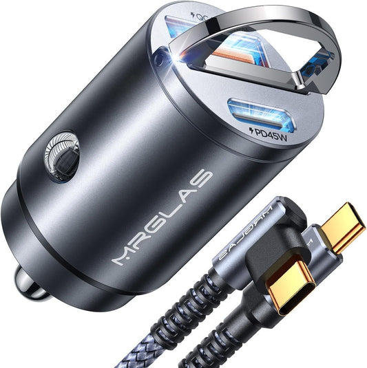 MRGLAS 90W Fast iPhone 16 Car Charger, USB C Car Charger with Type C Cable, PD45W & QC45W, Flush Fit, All Metal, Cigarette Lighter USB Adapter for iPhone 16 15 Samsung S25 Ultra Pixel 8